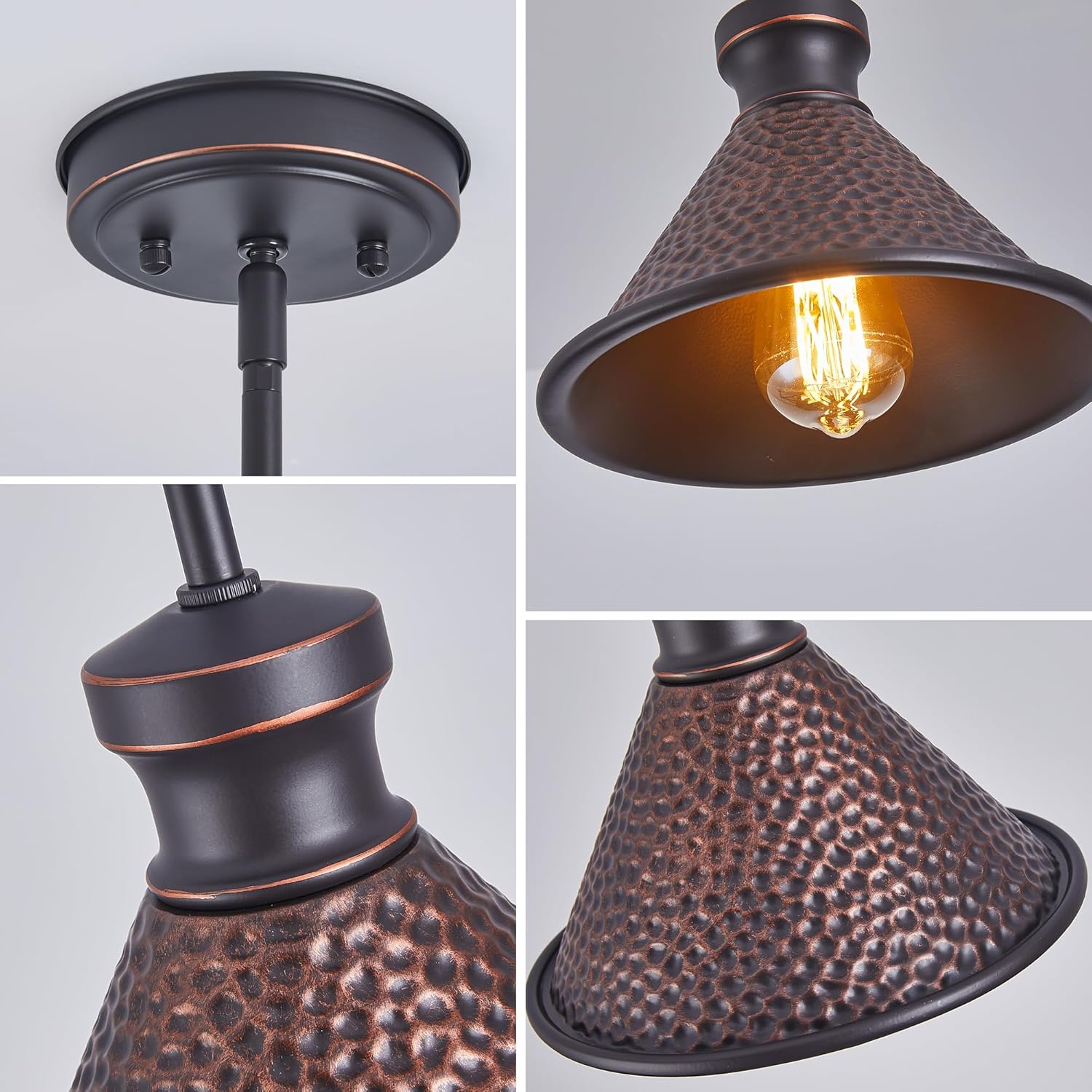 Max 58”Ht Adjustable Tube Mini Pendant,Vintage Hammered Pattern Cast Aluminum Shade,1-E26 Classic Lamp,Oil Rubbed Bronze Farmhouse Hanging Light for Kitchen Island,Entryway,Dining Room.