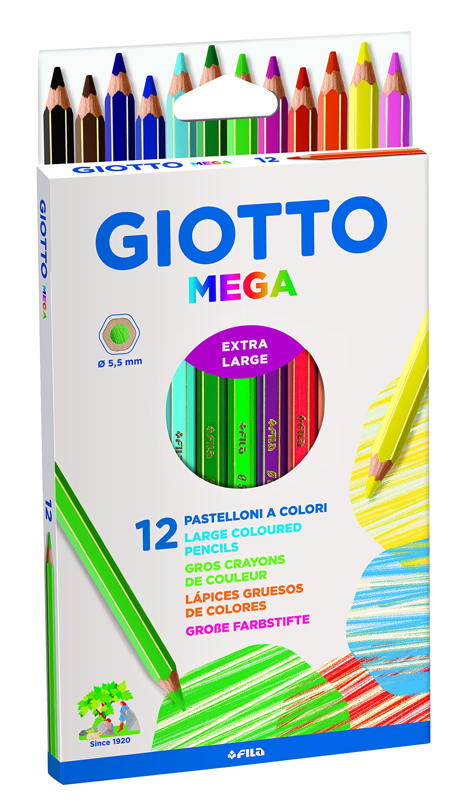 GIOTTO Mega Chunky Colouring Pencils, 12 Assorted Colours, For Children, Parties and Schools