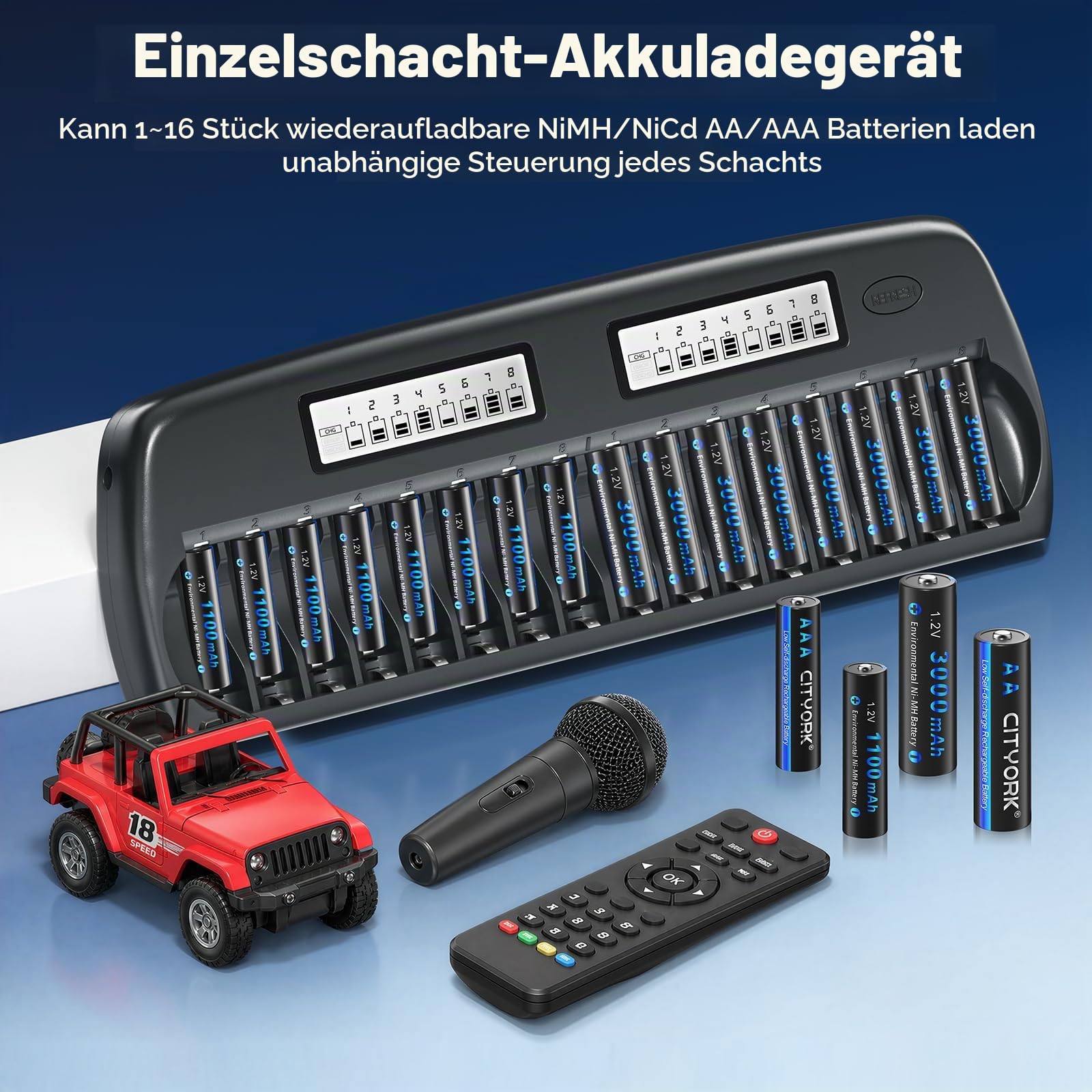 CITYORK Akku Ladegerät AA AAA für AA AAA NI-MH, NI-CD wiederaufladbar Batterien, 16 Slots LCD Batterie ladegerät mit integriertem IC-Schutz und Netzteil (Aufgerüstetes Ladegerät)
