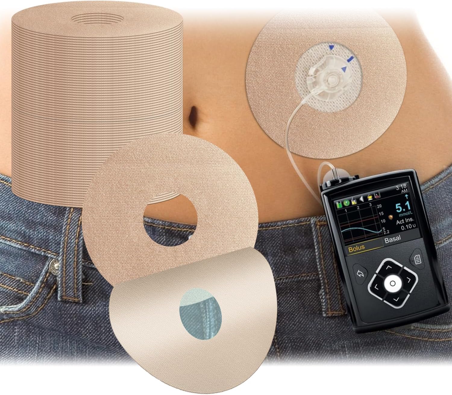 40 Pack Universal Adhesive Patches for CGM and Insulin Pumps, 0.8-Inch Hole, Waterproof & Breathable Patches, Pre-Cut Adhesive Tape, CGM Protection,Long Last Sensor Patches,Skin-Friendly Patches,Beige