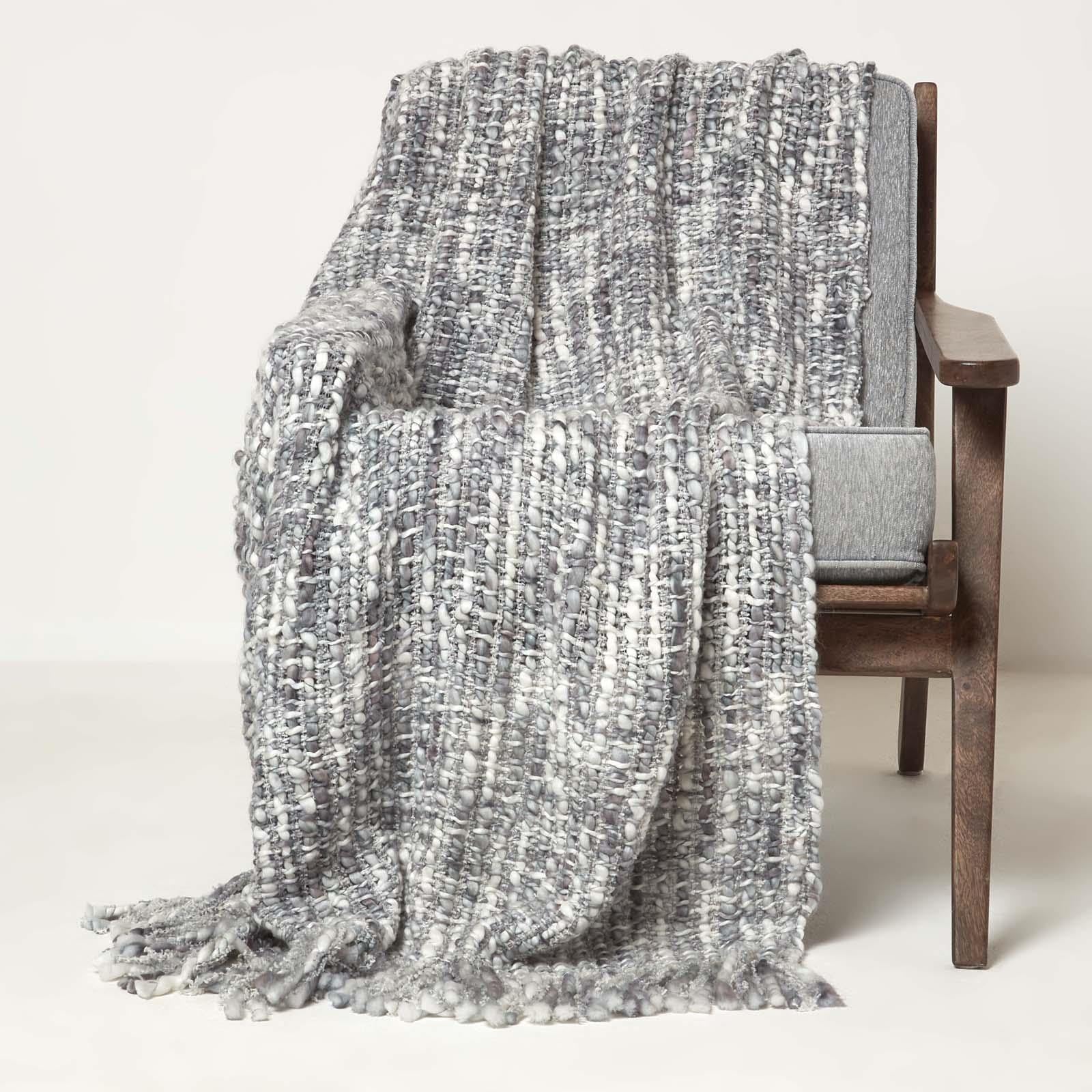 Homescapes Grey Handwoven Throw 125 X 150 Cm Super Soft Textured Cosy Warm Blanket With Tassels “Ophelia” Acrylic Yarn Bed Or Sofa Throw