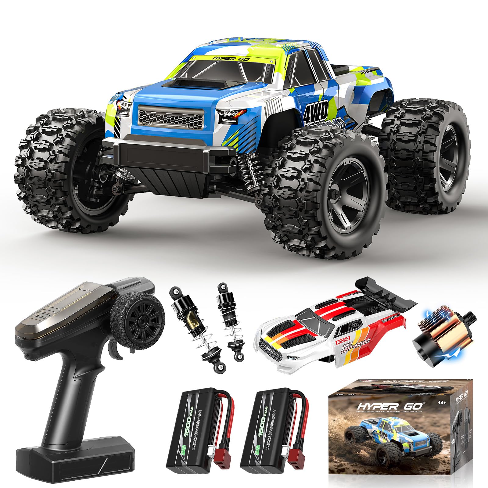 Macchina Telecomandata professionale RC Professionale 4x4 Off-Road 1/18, 36 km/h Monster Truck con Motore RC380,Ammortizzatori ad Olio,Doppia Carrozzeria e 2 Batterie 7.4V 1500mAh