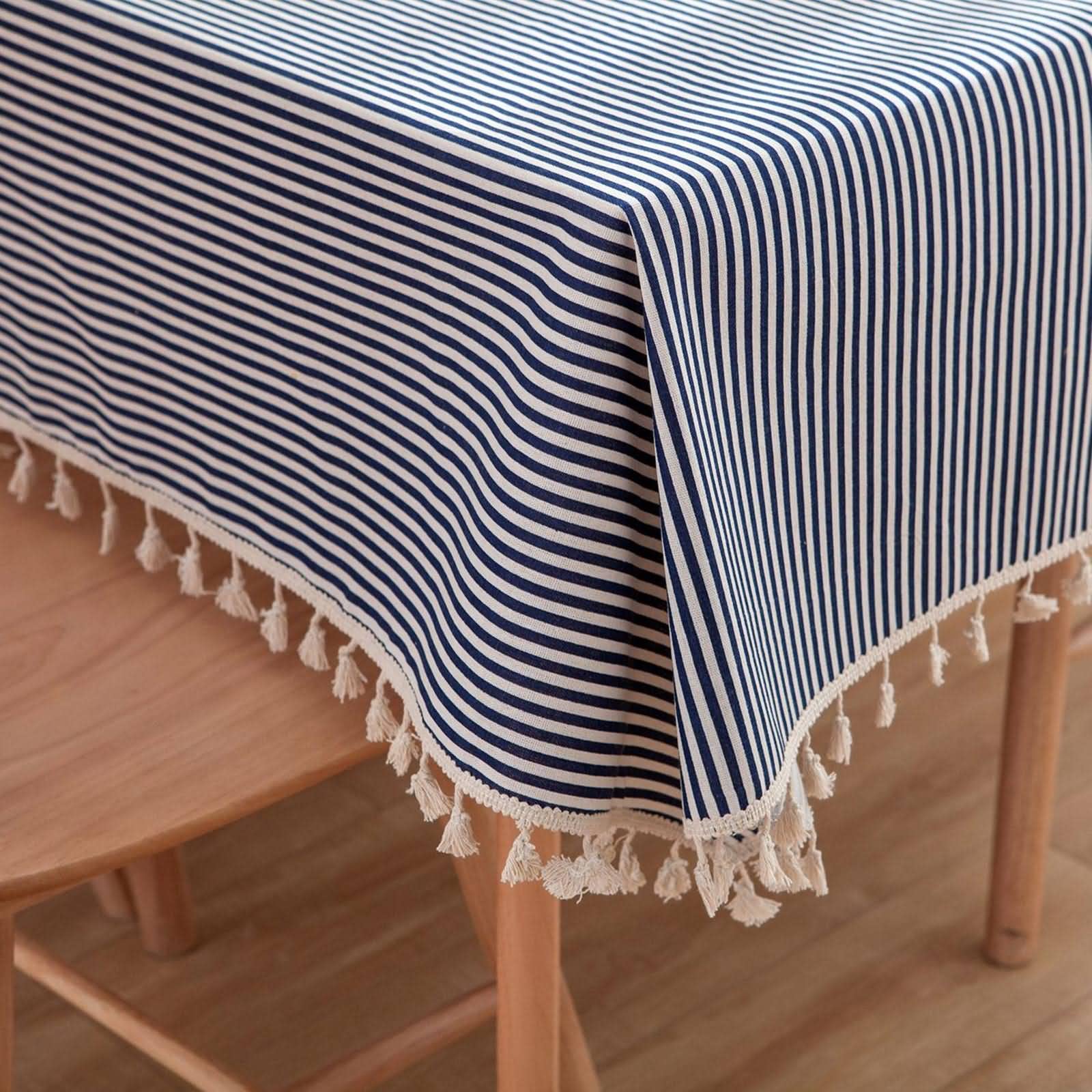 Tovaglia quadrata moderna con strisce blu navy elastico misto cotone lino 140 x 300 cm tovaglia per cucina e sala da pranzo elegante bordo nappa