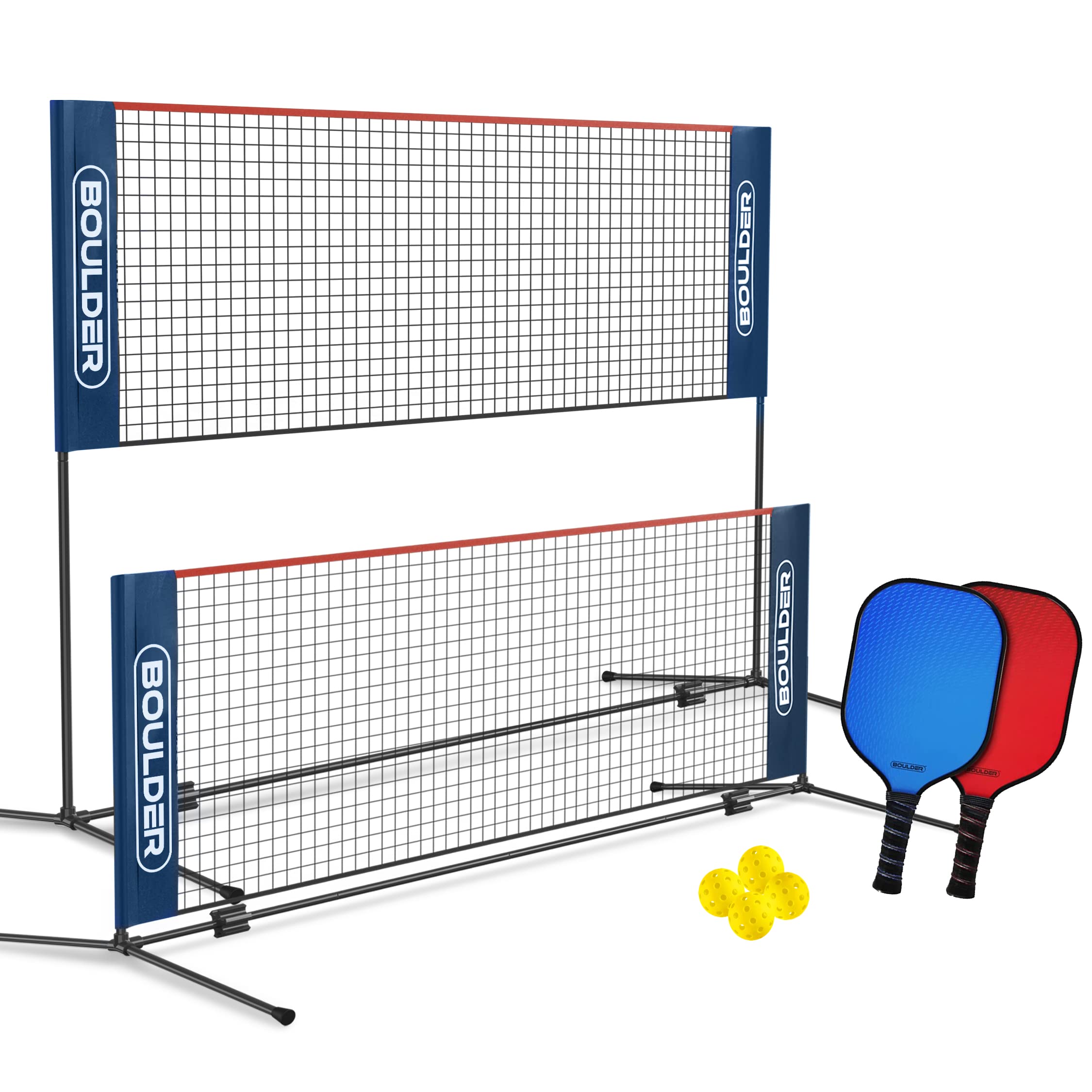Boulder Portable Pickleball Set with 10ft Net, Set of 2 Carbon Fiber Pickleball Paddles, and 4 Pickleballs