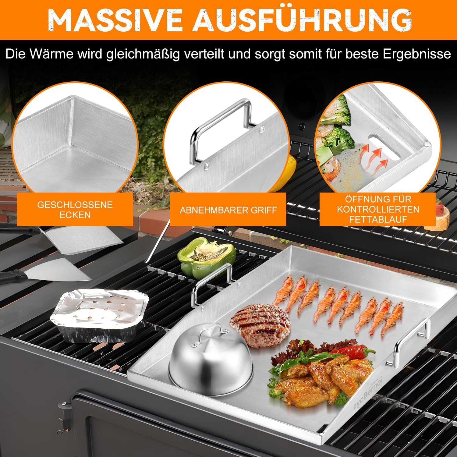 Premium Plancha Grillplatte Set - 40 x 30 cm - Grillplatte für BBQ Gasgrill & Kohlegrill - 4mm Dicke Plancha Gasgrill - Edelstahl mit Grillspachtel Set