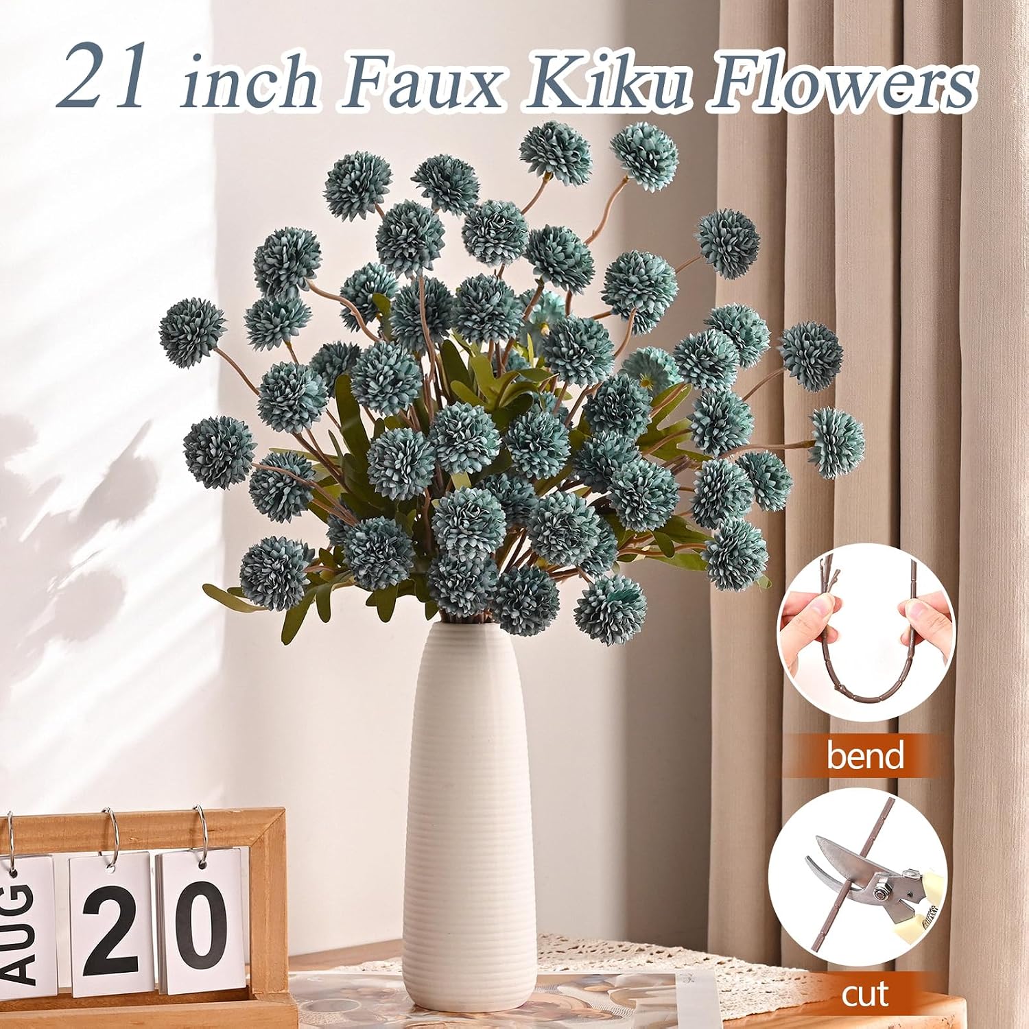 Yastouay 6pcs Fake Flowers Faux Silk Pompon Mums, Bulk Fake Mini Chrysanthemums with Stems, Artificial Kiku Flowers for Vase DIY Centerpieces Bouquet Floral Arrangements Decorations, Dusty Blue