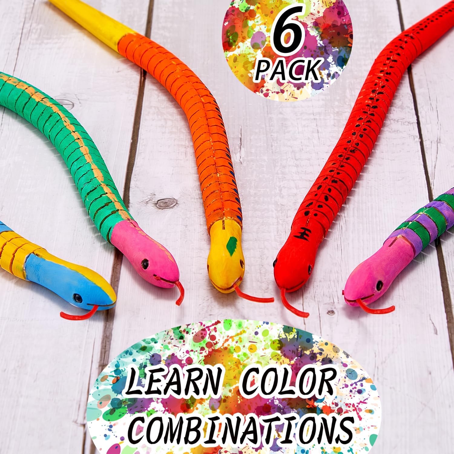 BBTO Wooden Unfinished Wiggly Snake Crafts with 12 Colors Paint, 6 Pieces image 3