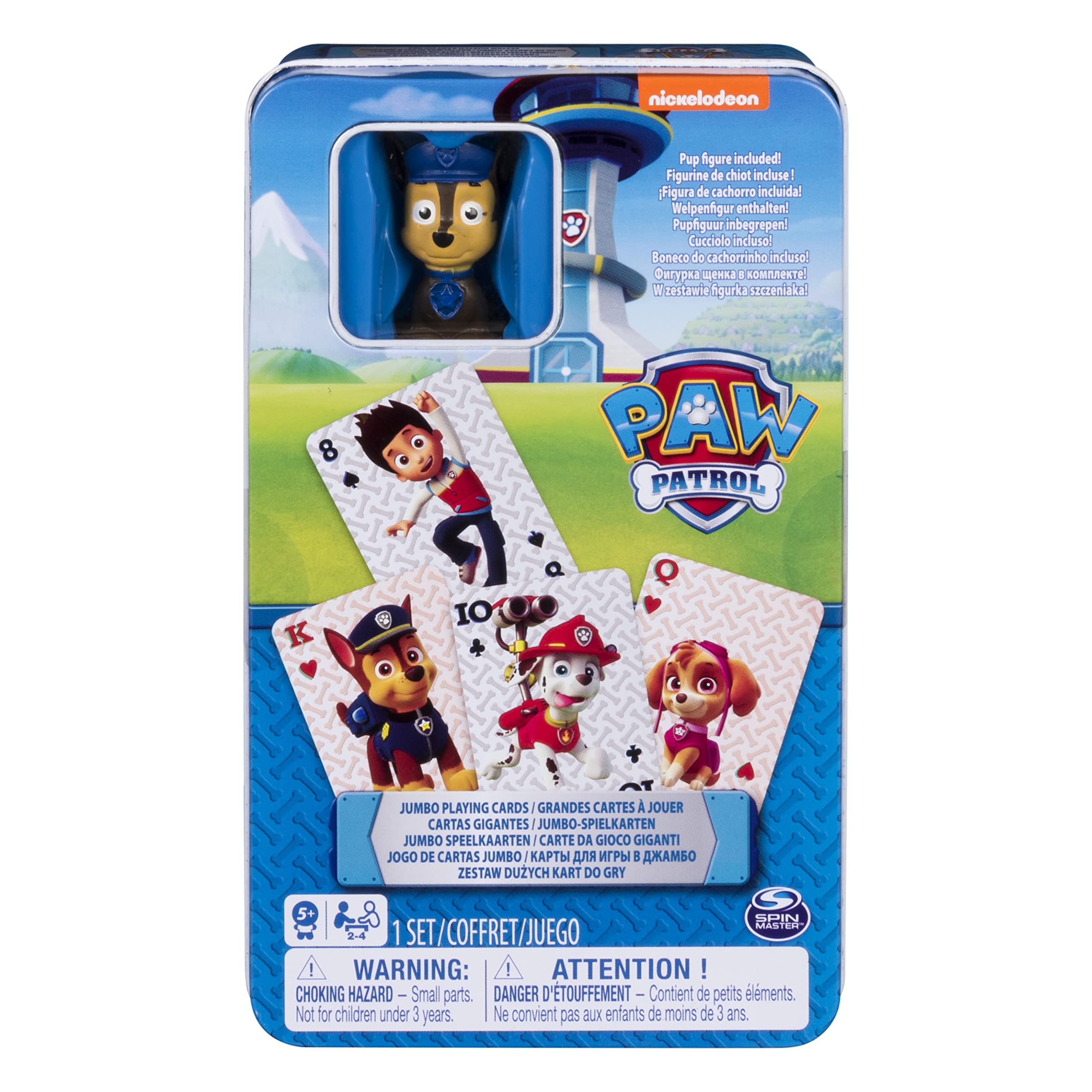 Spin Master Games Jumbo karty do gry z figurką Chase, w metalowym pudełku