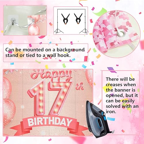 Miniatura 5 de Cartel de feliz cumpleaños 17 de oro rosa con texto en inglés "Cheers to 17 Years Year" - Globos de confeti, decoración temática para niñas de 17