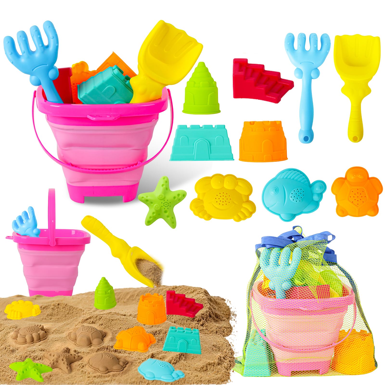 Beach Sand Toys for Kids,12 PCS Collapsible Beach Toys Set and Spade Set with Mesh Bag,Castle&Aninal Moulds ,Travel Beach Essentials for Children,Gardening Beach Outdoor Toys for Boys Girls (Pink)