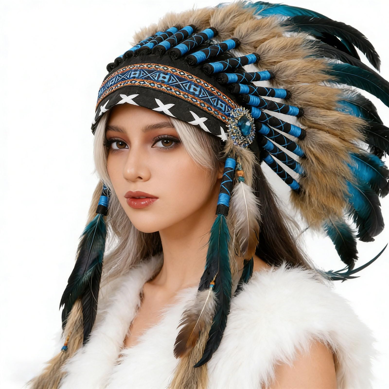 Coiffe indienne à plumes grand volume et bandeau ajusté - 8