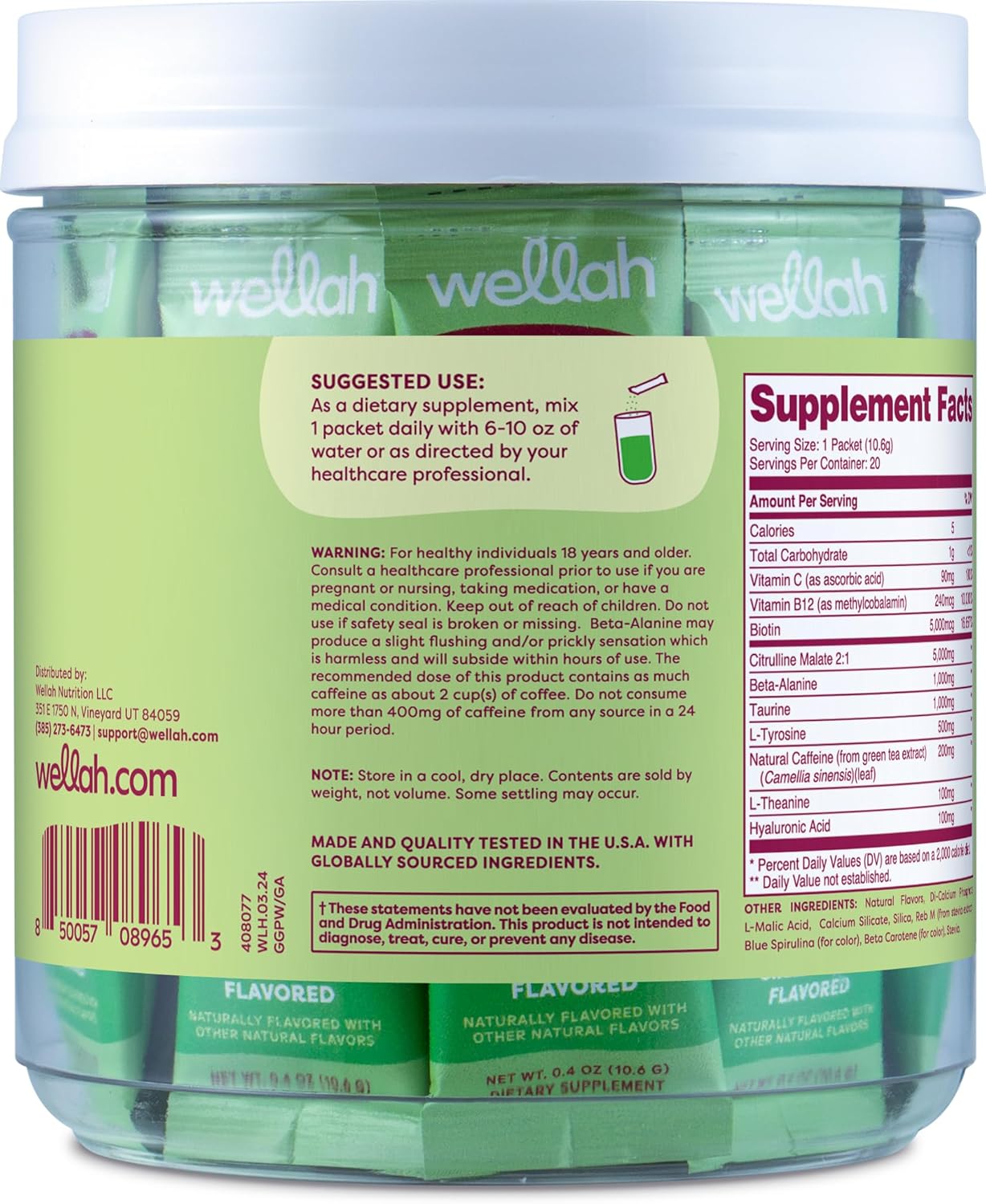 Wellah Get-Going Green Apple Flavored Pre-Workout Stickpacks (20 Servings) - with Citrulline Malate and L-Theanine, 200mg of Natural Caffeine & 1000mg of Beta-Alanine - Image 3
