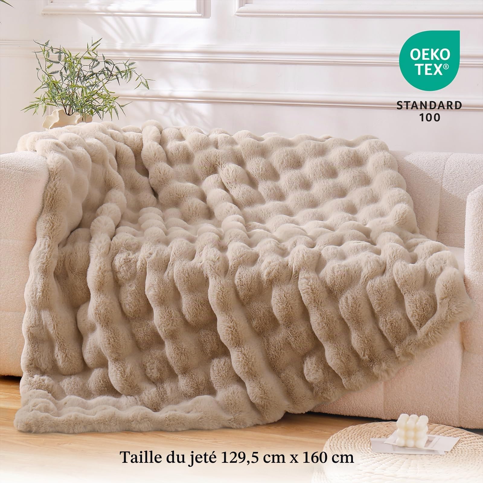 BENVWE Couverture Polaire à Bulles en Fausse Fourrure, Douce, Confortable et épaisse, Couverture pelucheuse en Peluche pour canapé, Chaise, lit, 130 x 160 cm, Beige