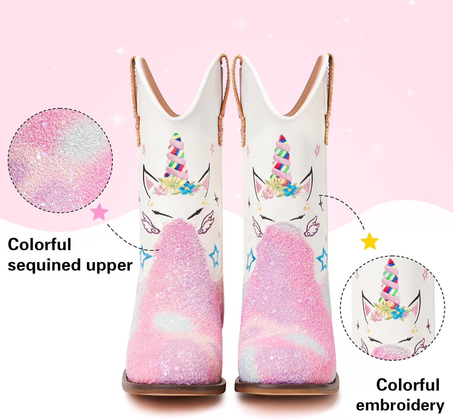 Julyrose Girls Cowgirl Boots Western Cowboy Boots Glitter Square Toe | Mid Calf,Side Zipper,Pull On Tabs,Little Kid,Big Kid,Riding Boots,Birthday Party,Rodeo,Western Event,Gift
