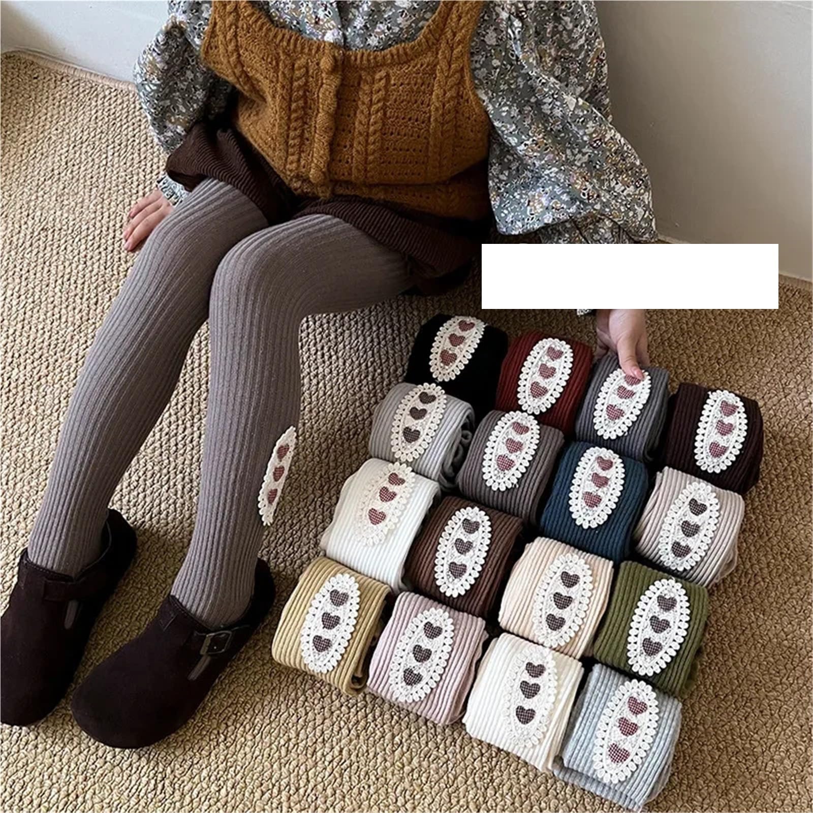 Girls Autumn Fashion Pantyhose – Cute Lace Stockings with Heart Pattern for Kids(Navy,S for 80-95CM)