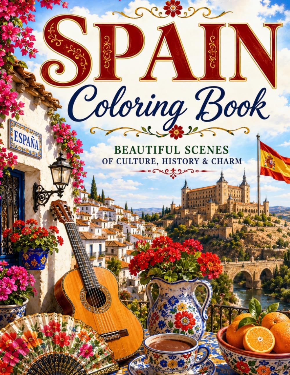 Spain Coloring Book for Adults: Beautiful Architecture, Culture, Gardens, Villages and Coastal Scenes: A Relaxing Journey Through Historic Cities, ... Courtyards, Cafés and Spanish Traditions