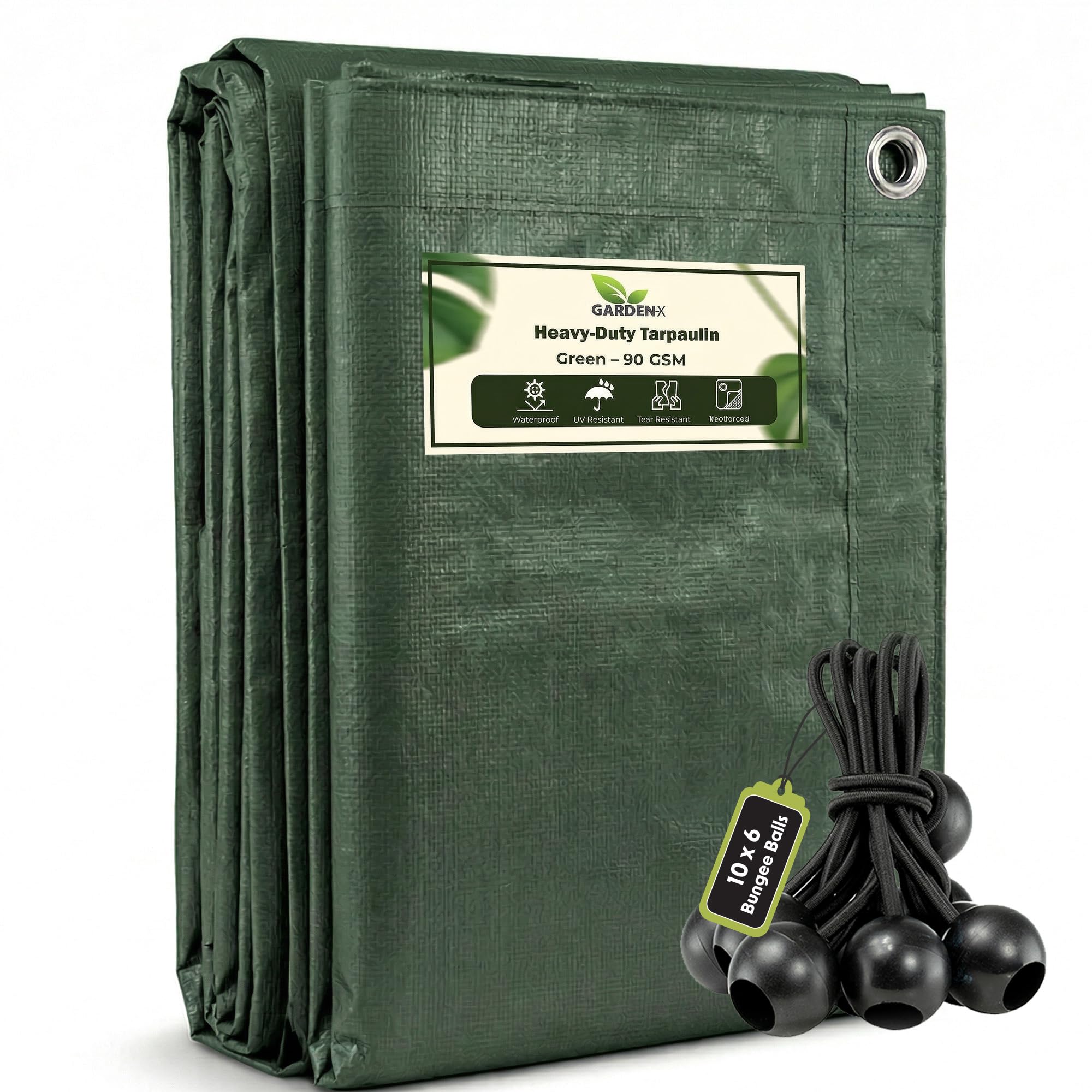 Gardenix Green + 10 X 6" Bungee Balls (Black) 4M X 5M Green Heavy Duty 90Gsm Tarpaulin Waterproof Tarp Sheet Cover, Groundsheet, Multipurpose, Reinforced + 10 X 6" Bungee Balls (Black)