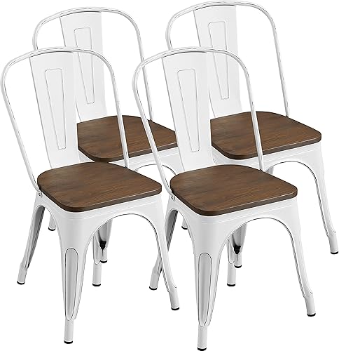 Yaheetech Metal Dining Chairs Set of 4, Industrial Stackable Kitchen Chairs with Wood Top Seat for Dining Room/Restaurant/Bistro/Patio, Indoor &
