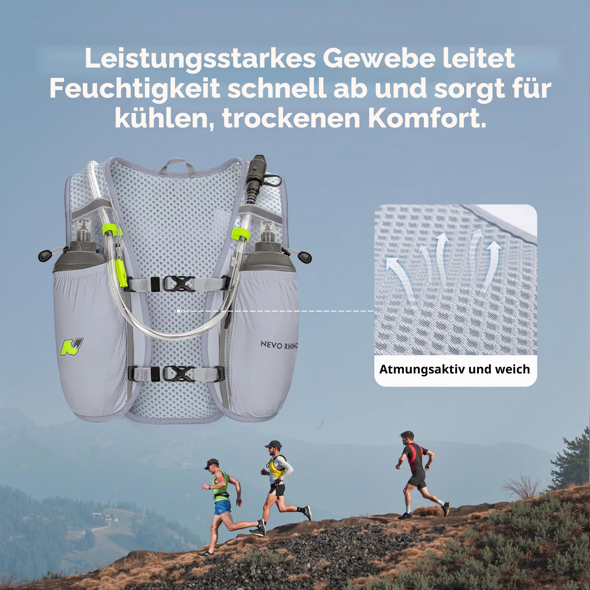 N NEVO RHINO Laufweste, Trinkweste, 5,5 l, mit 2 l Wasserblase, leichter Trinkrucksack für Wanderungen, Rennen