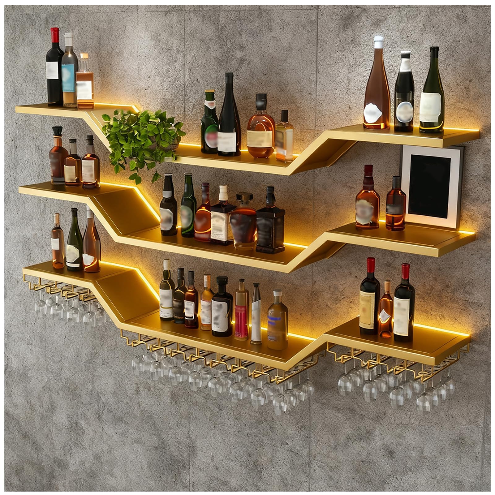 TAUODUYY Modern LED Wine Rack Wall Mounted, 3-Tier Floating Bar Shelves with Wine Glass Rack, Large Hanging Liquor Shelf Wall Mounted, for Home Bar Dining Room Cafe Decorative (Gold, 80cm)