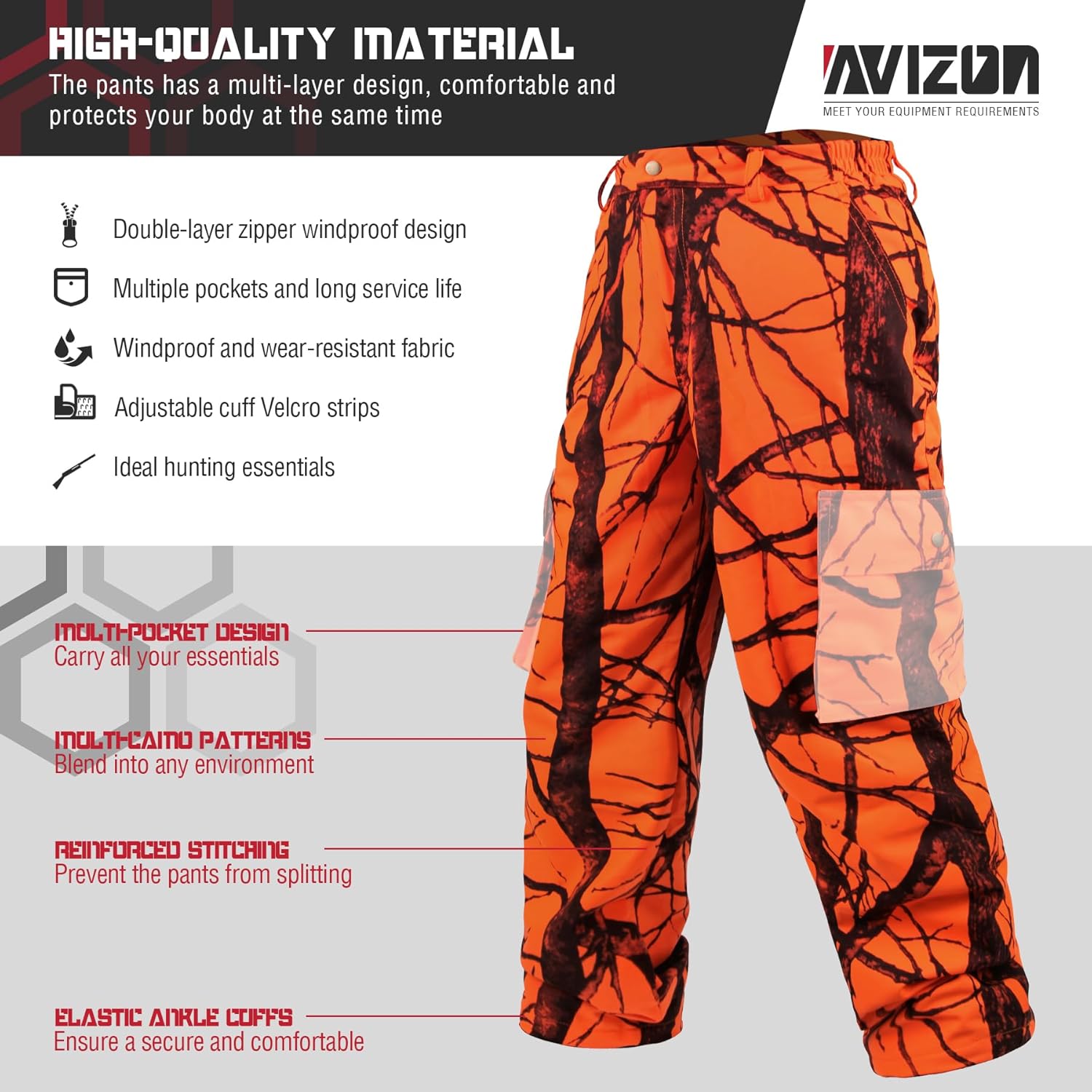Men's Camouflage Hunting Pants - Windproof Blaze Orange Outdoor Pants for Deer and Turkey Hunting - Image 3