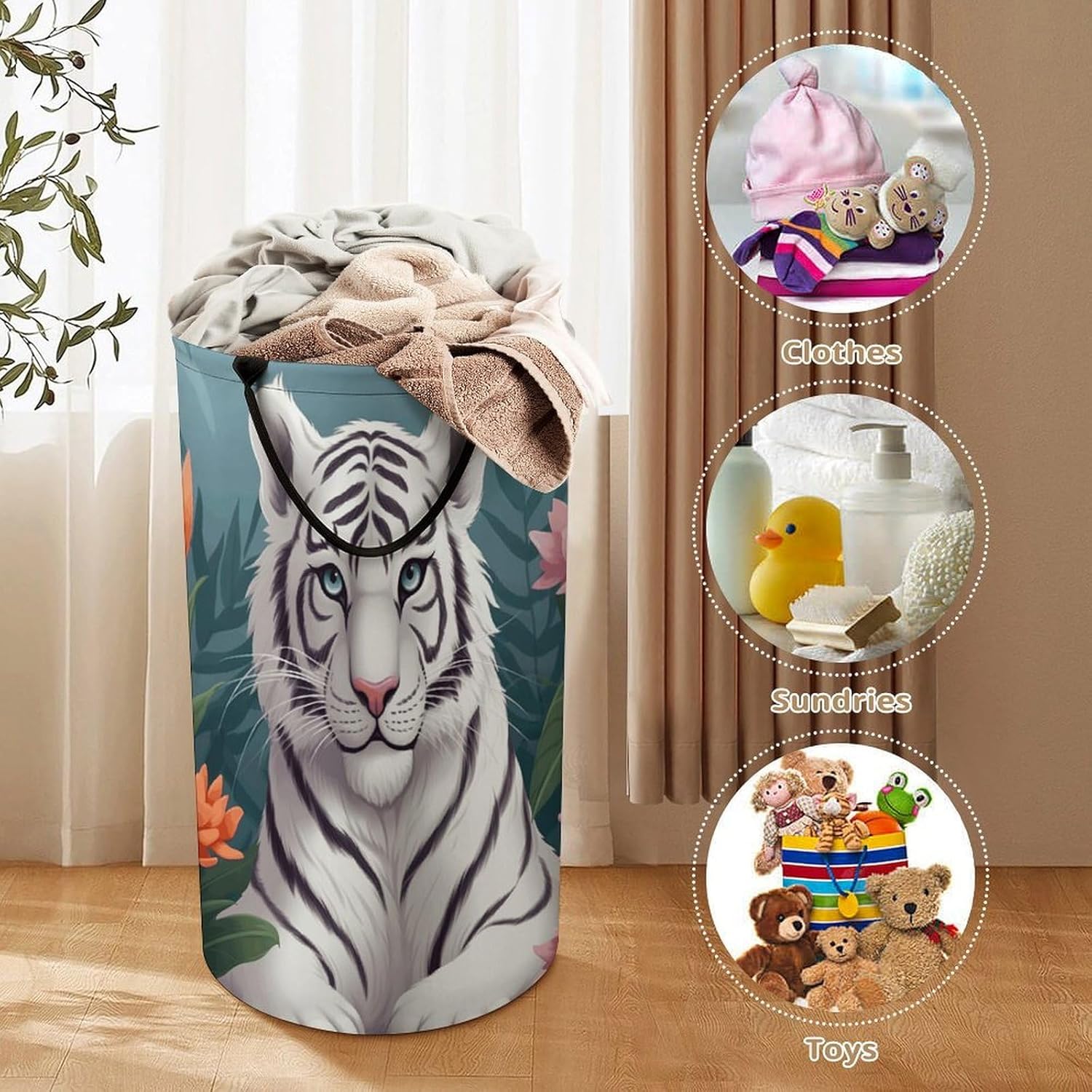 Cute White Tige Laundry Hamper with Handles Waterproof Collapsible Laundry Basket Large Lightweight Round Dirty Clothes Hamper for Home Dorm Bathroom Decor