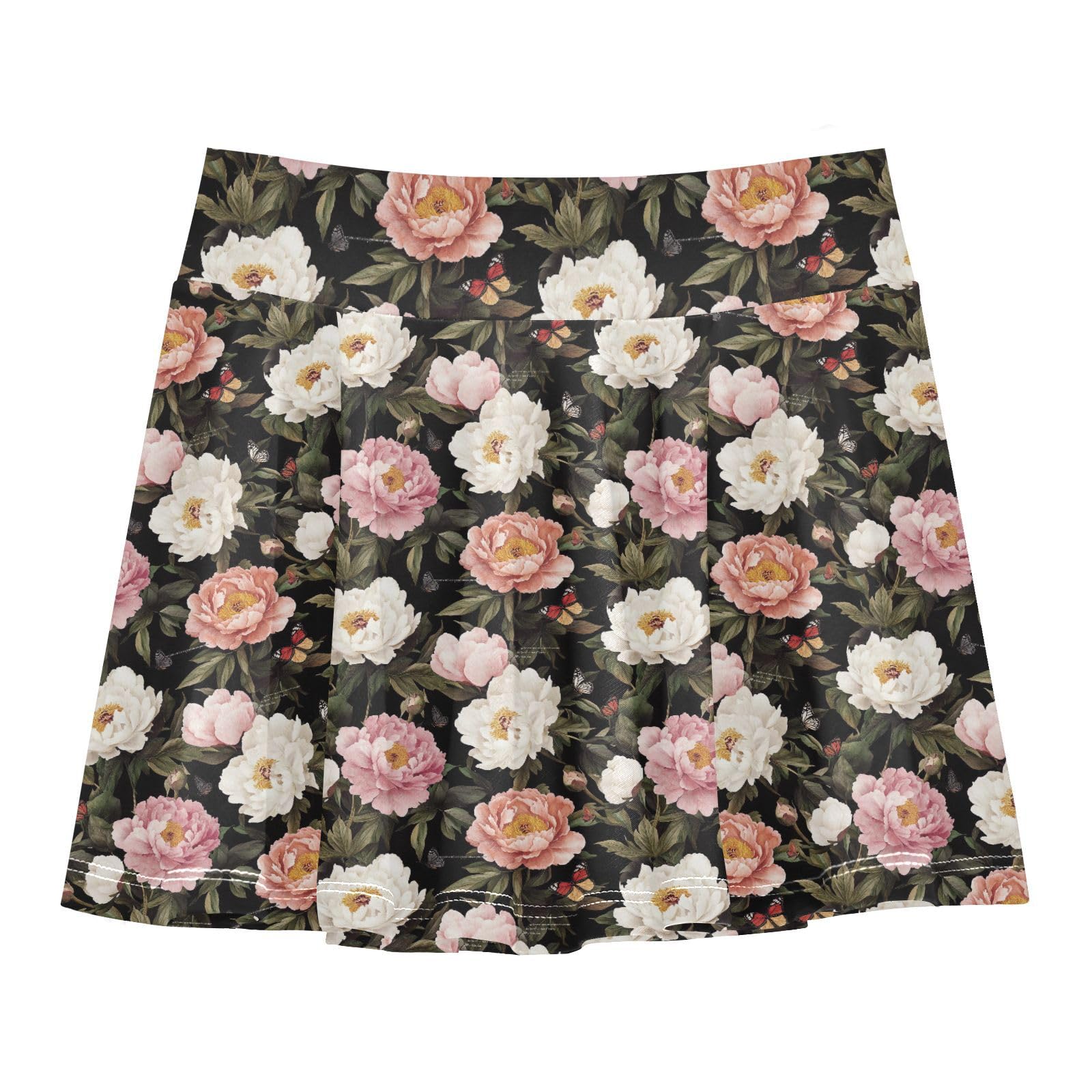 Vintage Peonies Tennis Skirt for Girls with Built-in Shorts Cheerleading Skirts with Pockets Flowy Skort for Little Girl Black