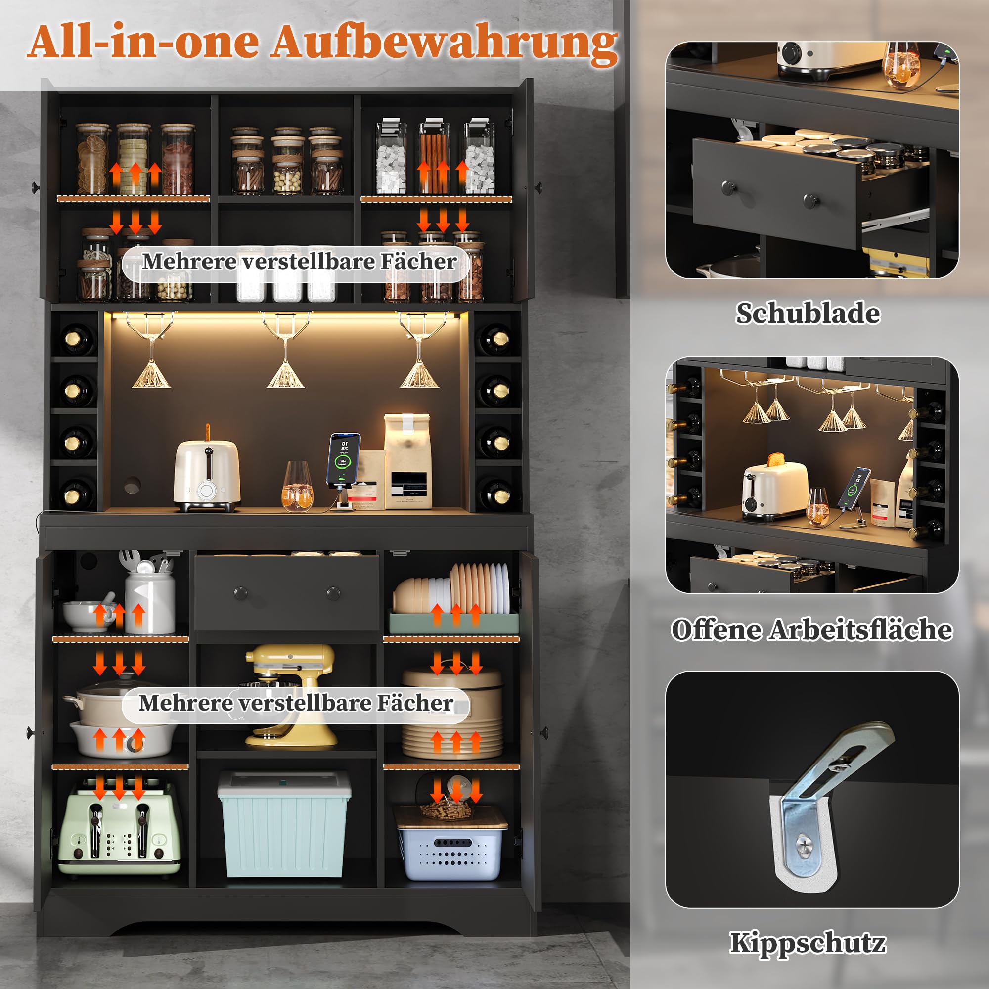 Armario de cocina con encimera, armario buffet con iluminación LED, enchufes, armario alto con soporte para copas de vino y compartimentos para botellas de vino, armario alto para comedor