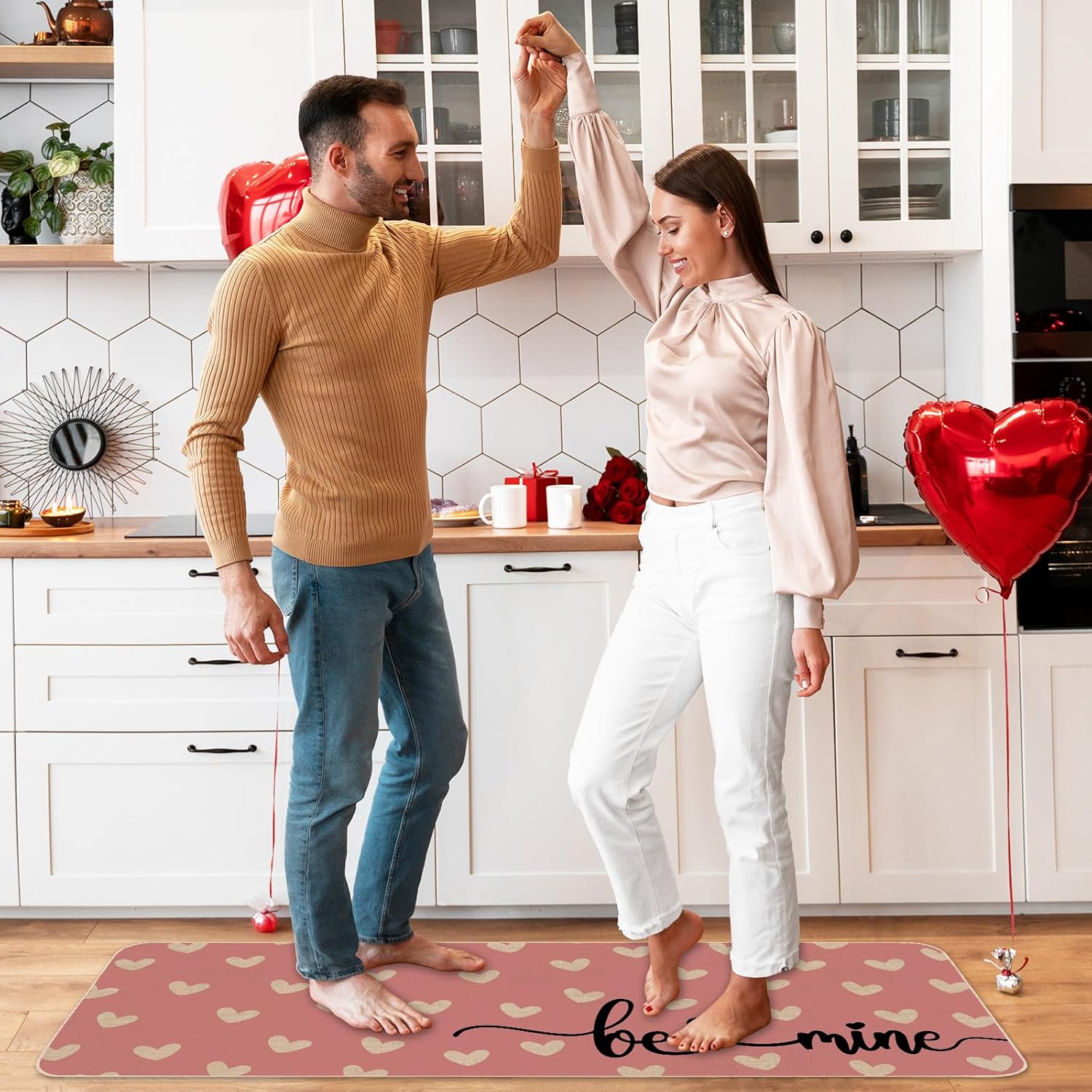 JarThenaAMCS 2 Pcs Pink Love Heart Valentine's Day Kitchen Mat White Heart Kitchen Rug Non Slip Rectangle Doormat Floor Mat for Home Entrance Porch Decoration,17 x 29 and 17 x 47 Inch