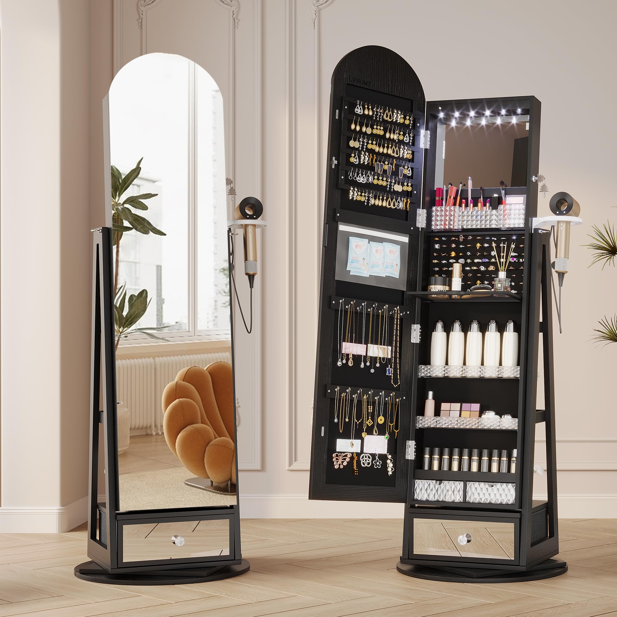 LVSOMT LED Bogen Schmuckschrank mit Spiegel, 360° Drehbar Standspiegel mit Schmuckschränke, Abschließbar Schmuckspiegelschrank mit Beleuchtung, Schmuckschrank Stehend Holz mit Stufiges Regal, Schwarz