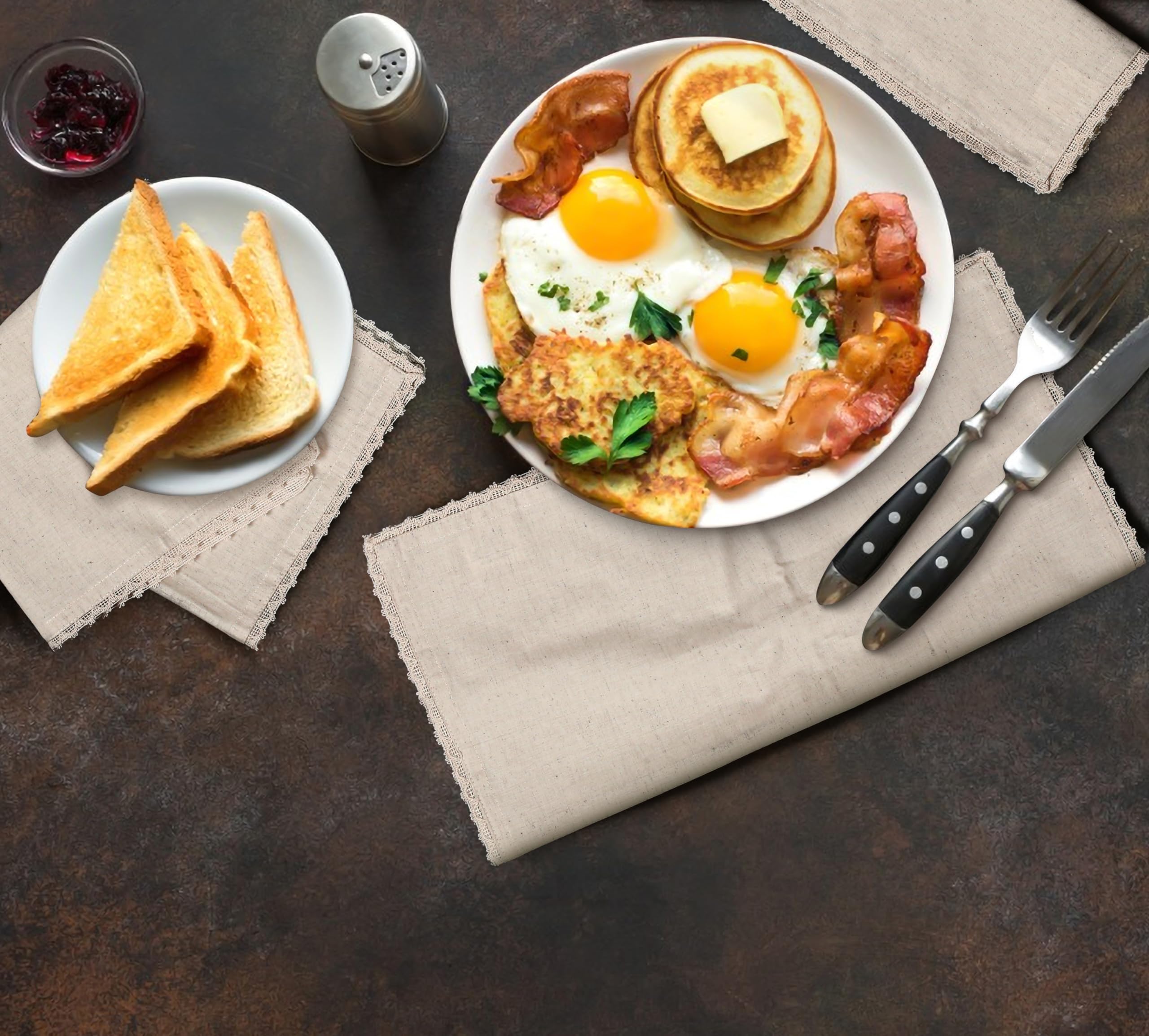 Natural Color Blend Cotton Linen Napkins Set of 12 - with Lace 18x18 Inch Decorative Elegant Washable Reusable Flax Dinner Napkin for Dining Table Décor Wedding Party Christmas New Year & Everyday Use