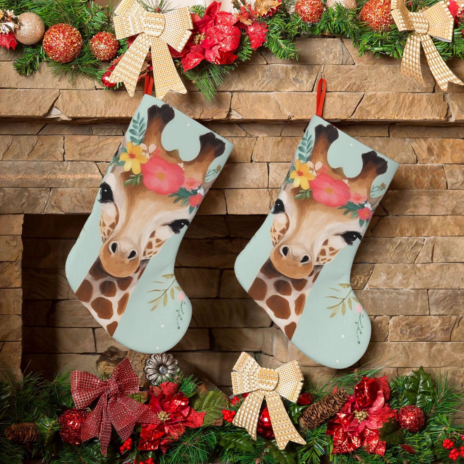 Fodpand Boys Black Giraffe With Floral Christmas Stockings Hanging Ornaments For Holiday Decor, 18 Inches Velvet Fireplace Hanging Xmas Stocking, Candy Gift Bags For Christmas Decorations