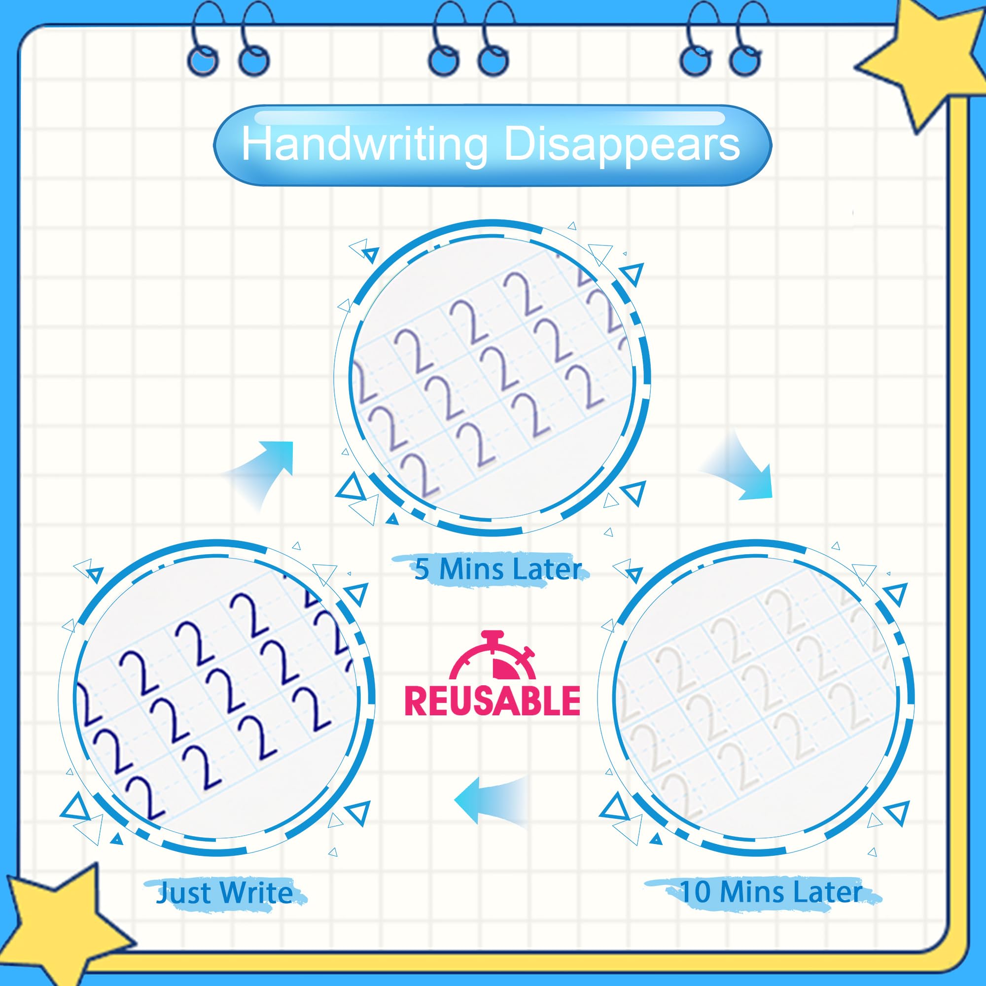 Monking Cuaderno de práctica mágica para niños, libro de práctica de escritura a mano, paquete de 4 con recambio de bolígrafo, caligrafía cursiva en inglés, reutilizable para niños, jardín de