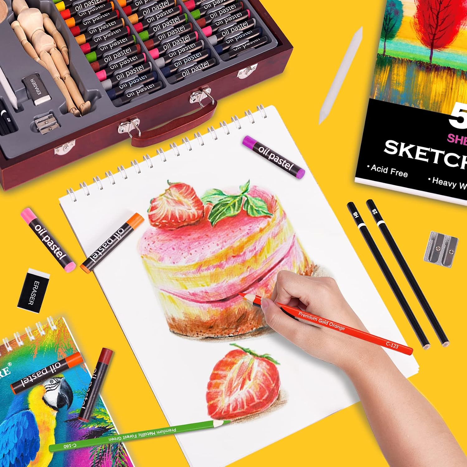 Color More 93 Piece Professional Art set,Drawing kit,Colored Pencils and Oil Pastels in Wooden Box,Art Supplies for Teens and Adults