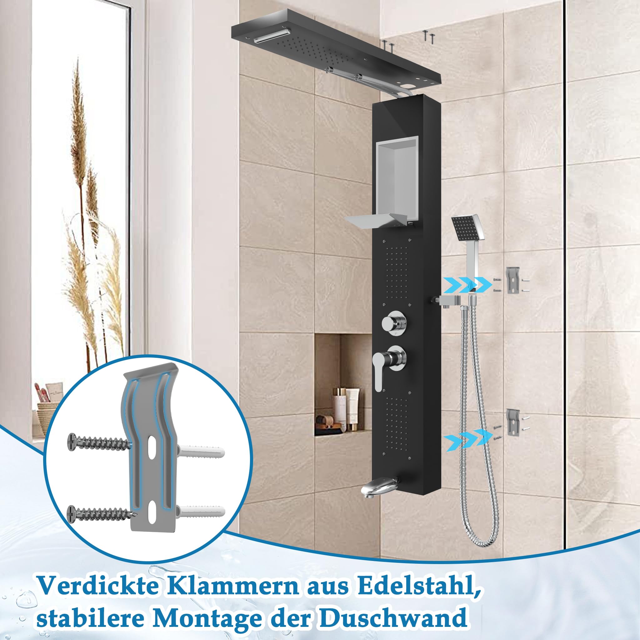 LZQ Panel de ducha de acero inoxidable, sistema de ducha de 5 funciones con ducha de lluvia, cascada, 2 chorros de masaje, ducha de mano y salida de bañera, juego de ducha montado en la pared (negro)