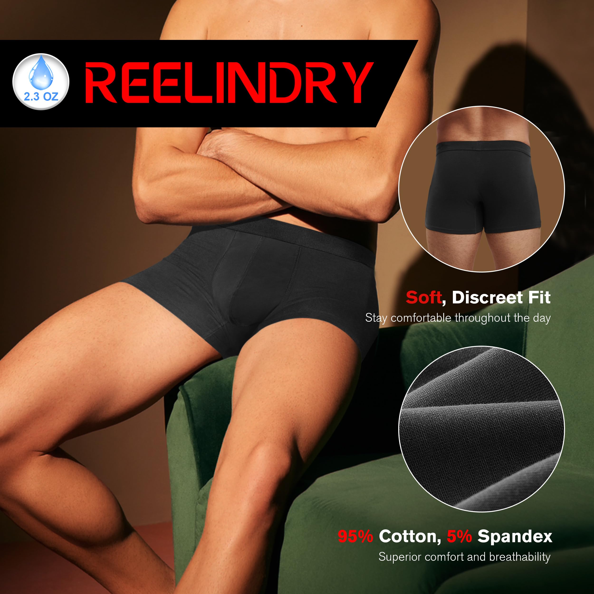 REELINDRY Washable Men’s Incontinence Boxer Briefs 2.3 oz Absorbency Leak Proof Underwear Prostate Bladder Leakage 3 Pack (3 Black, M)