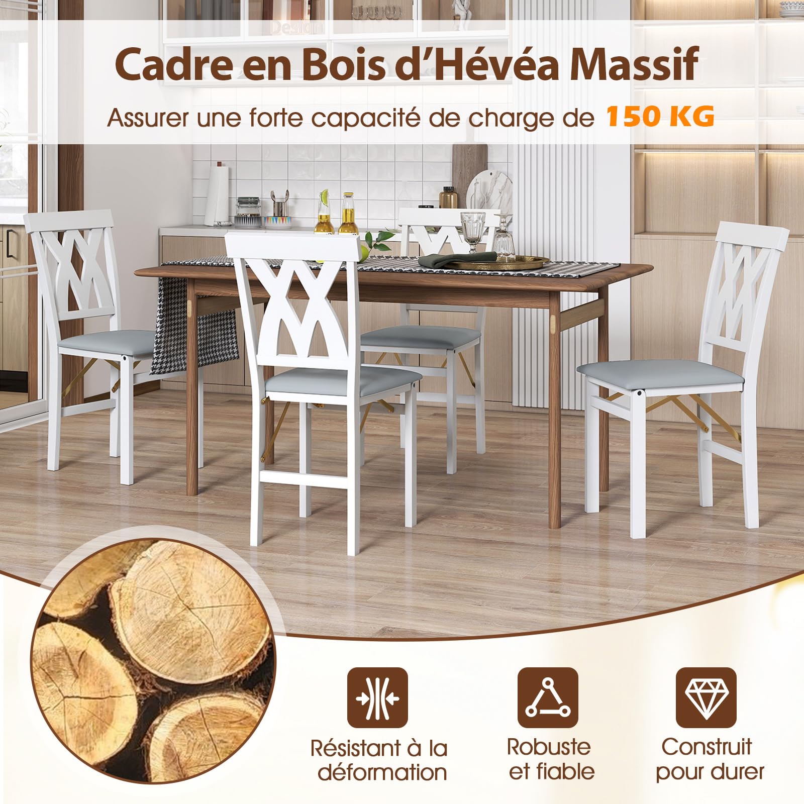 COSTWAY Lot de 2 Chaises de Salle à Manger Pliantes en Bois, Chaise de Cuisine avec Cadre en Bois de Caoutchouc, Siège Rembourré, Dossier Incurvé, pour Maison, Bureau, Appartement (Blanc)