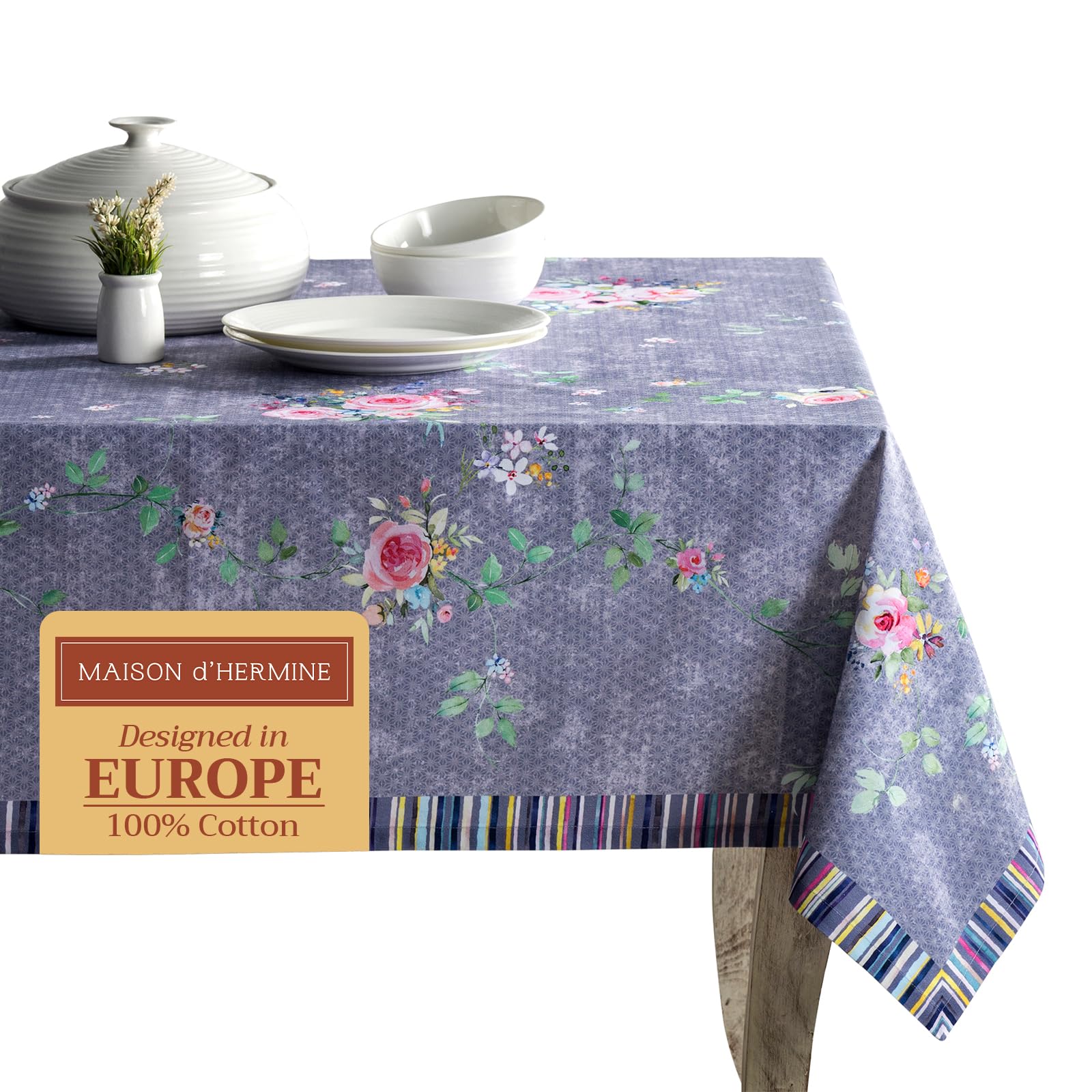 Maison d'Hermine Tischdecke, rechteckig, 100% Baumwolle, 180 cm x 140 cm. Wiederverwendbar, für den täglichen Gebrauch, Festliche Anlässe und Frühjahr Sommer (Sweet Rose Lavender - Country Garden)