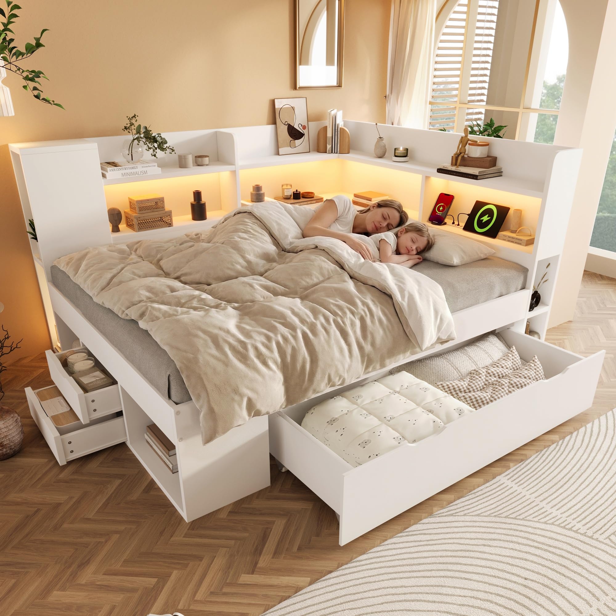 Cama de día infantil blanca de 140x200 con cajones y estantes de madera