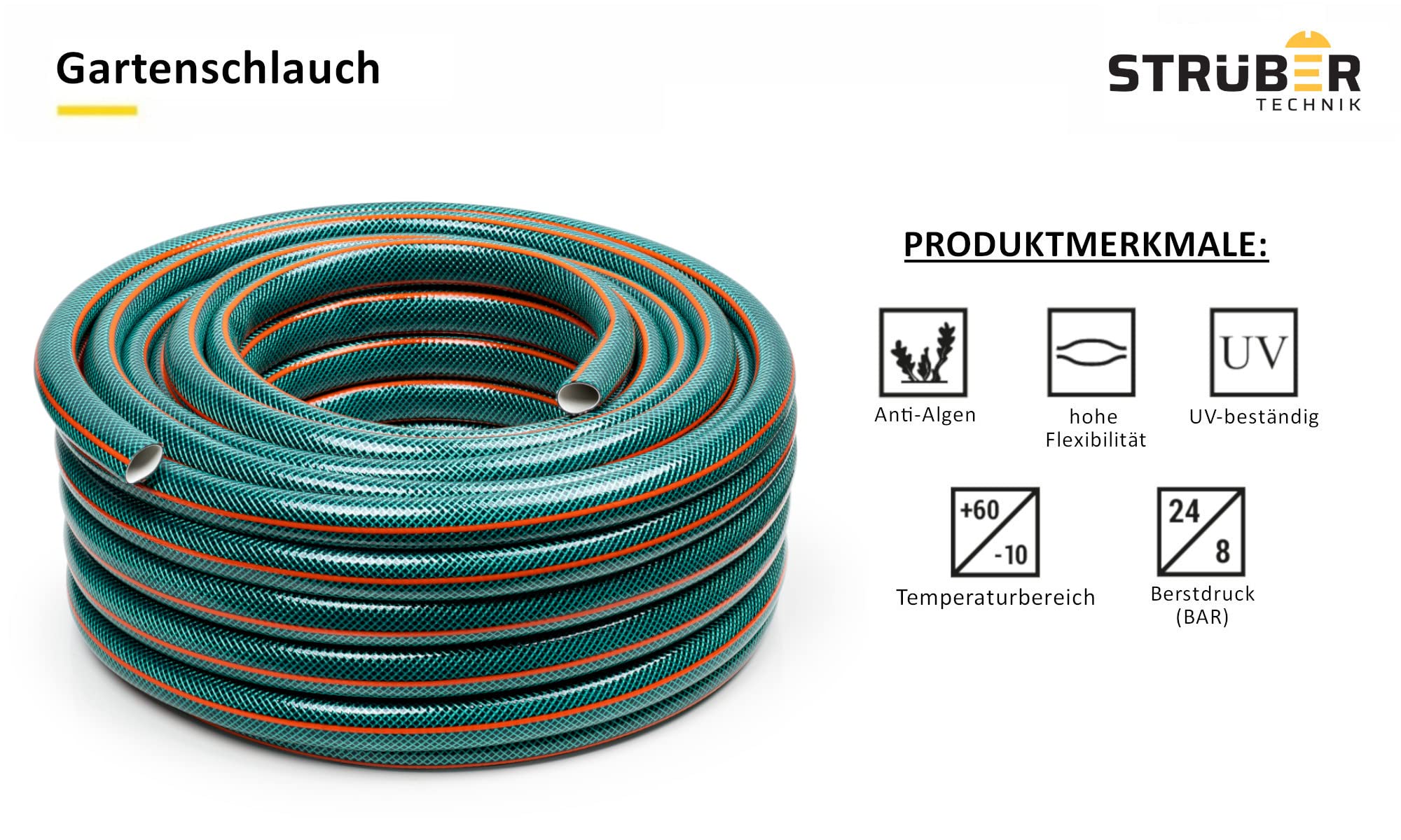 STRÜBER Gartenschlauch 1 Zoll, 50 m Länge, 4-lagig | Bewässerungsschlauch, Kreuzgewebe, UV-beständig, PVC flexibel