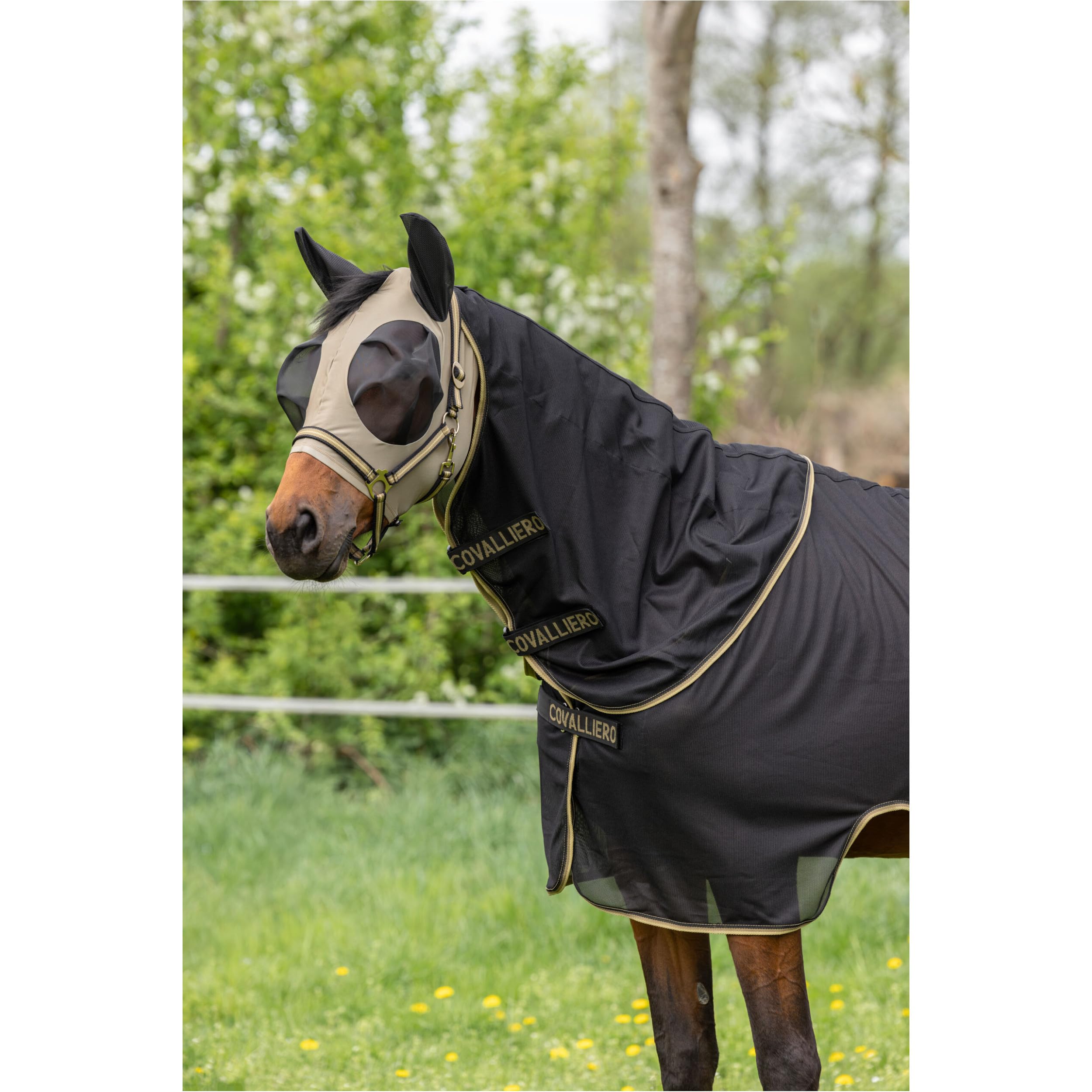 COVALLIERO FinoStrech FS26 - Máscara antimoscas con cremallera para caballo, elástica y ligera, protección para los ojos y la cabeza (nogal, mazorca)
