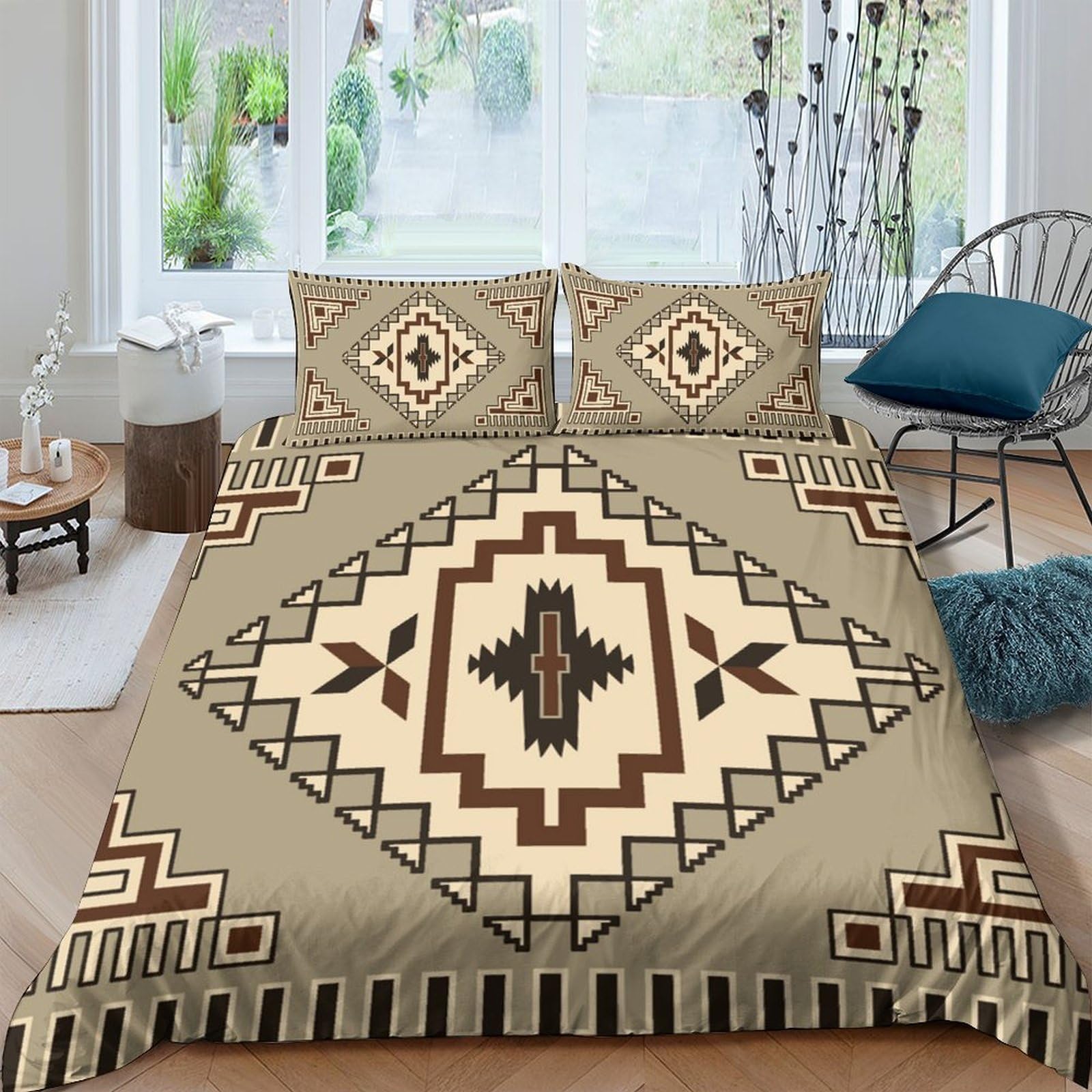 GPLZQXKJNH 3D Printed Aztec Geometric Duvet Cover Microfiber Soft Breathable Tribal Pattern Bedding Set with 2 Pillowcases, Bedroom Decor Single（135x200cm）