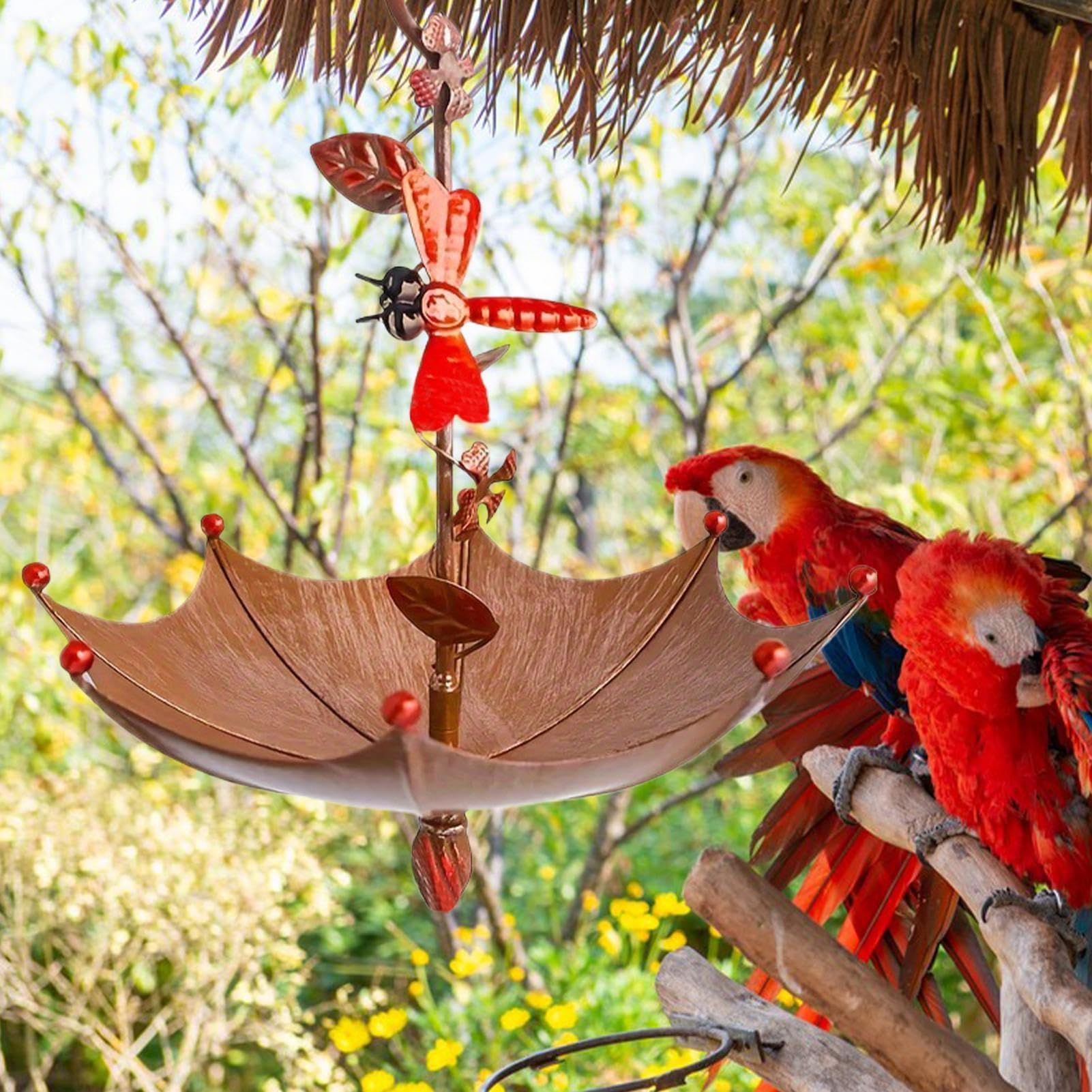 Comedero para pájaros con Forma de Paraguas, Ideal para Mariposas, libélulas y Abejas. Incluye Bebedero y Bebedero Colgante para pájaros. Soporte para jardín Exterior.
