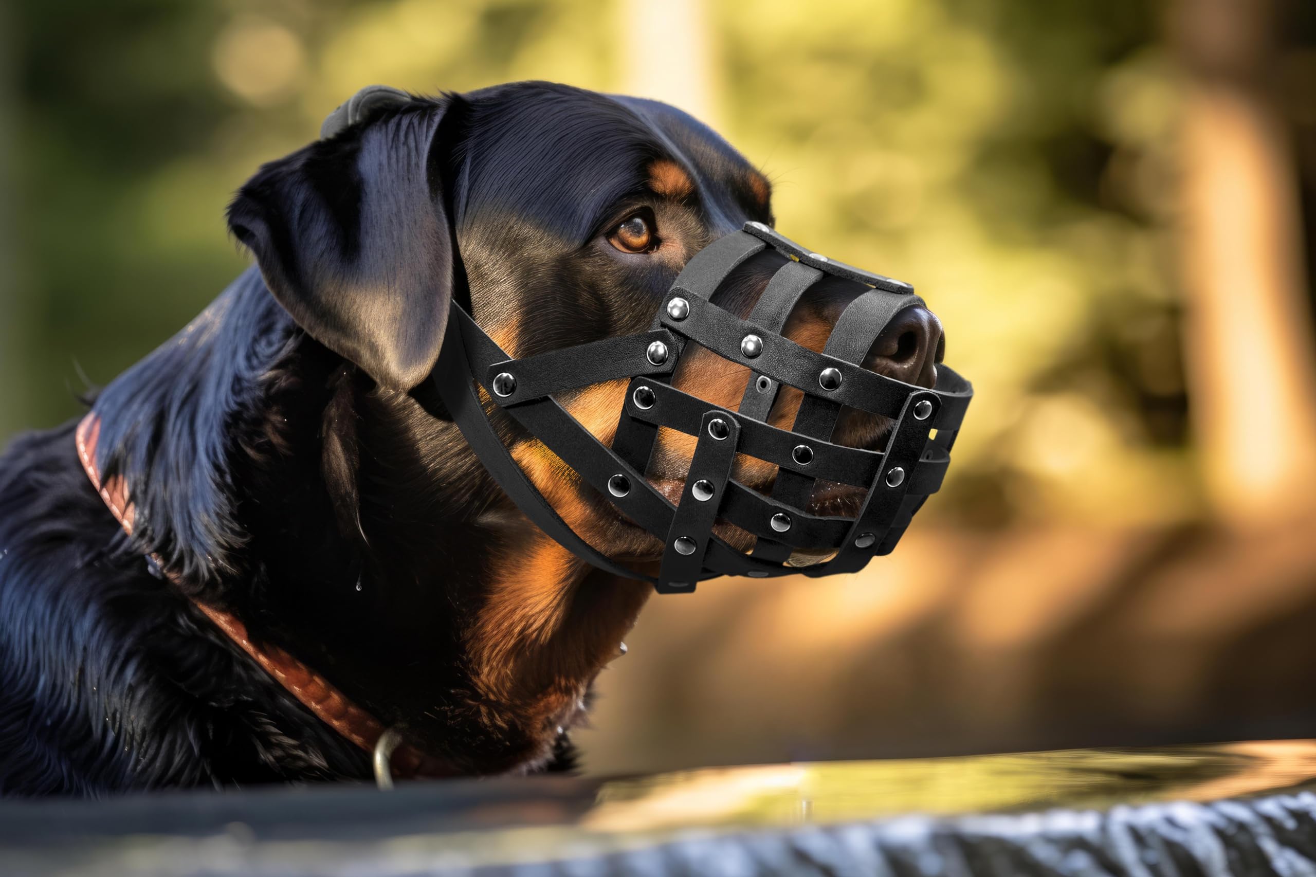 PillowPrim Ledermaulkörbe für Hunde, Verstellbar, Atmungsaktive Haustier Maske Hundetraining, Sicherer, Rottweiler, Pitbull Terrier, Boxer, Amstaff, Schwarz