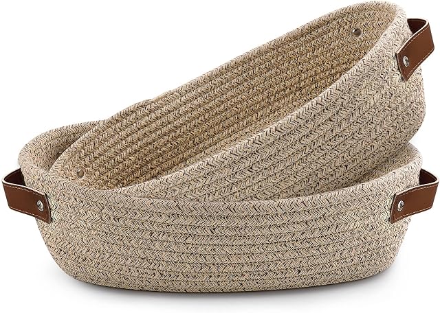 TENQUAN 2PCs Storage Basket Cotton Rope Basket Leather Handle Woven Shelf Basket for Cabinet Shelves, Decorative Home Storage Box for Bedroom Bathroom(Light Brown)