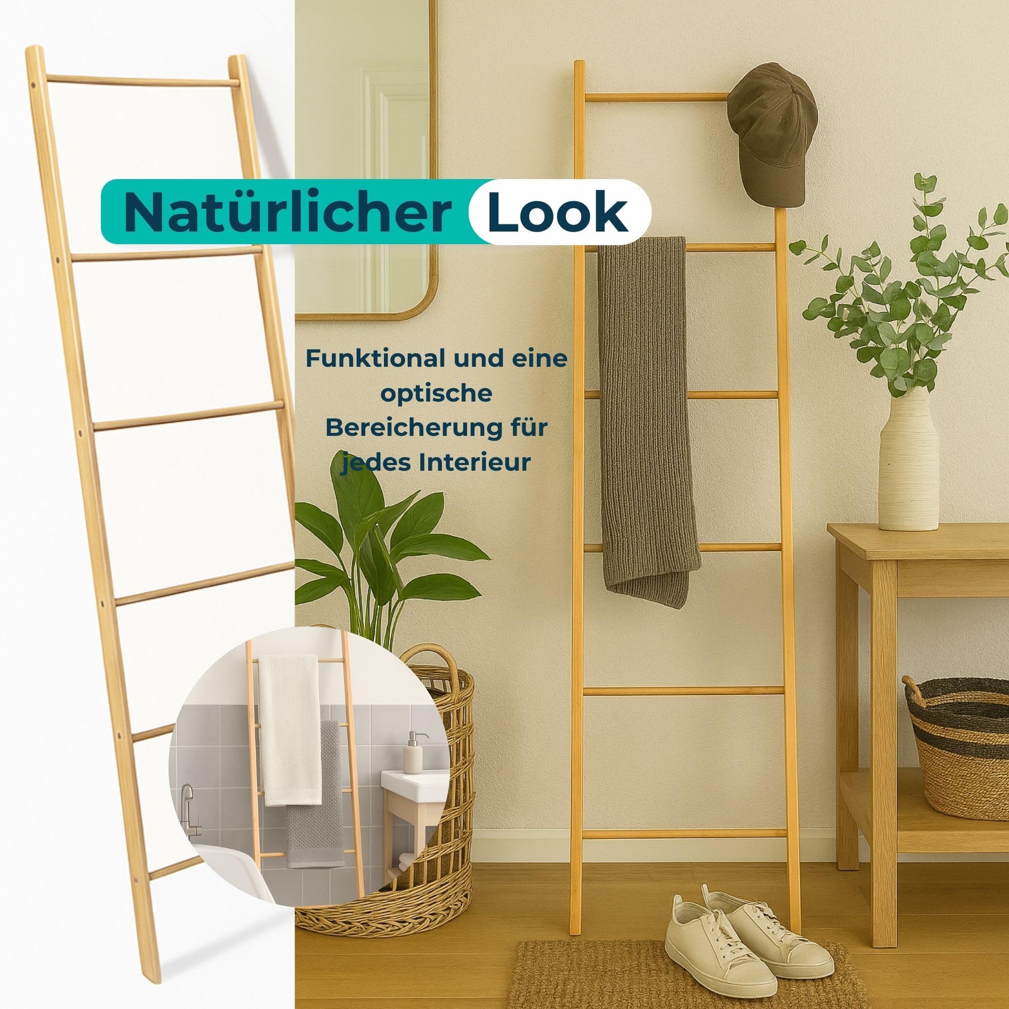 BUDDLEY Handtuchleiter - Bambus - extra breit - Deko-Leiter - Wäscheleiter - Leiterregal - Kleidung - Standmodell - Badezimmer - Schlafzimmer