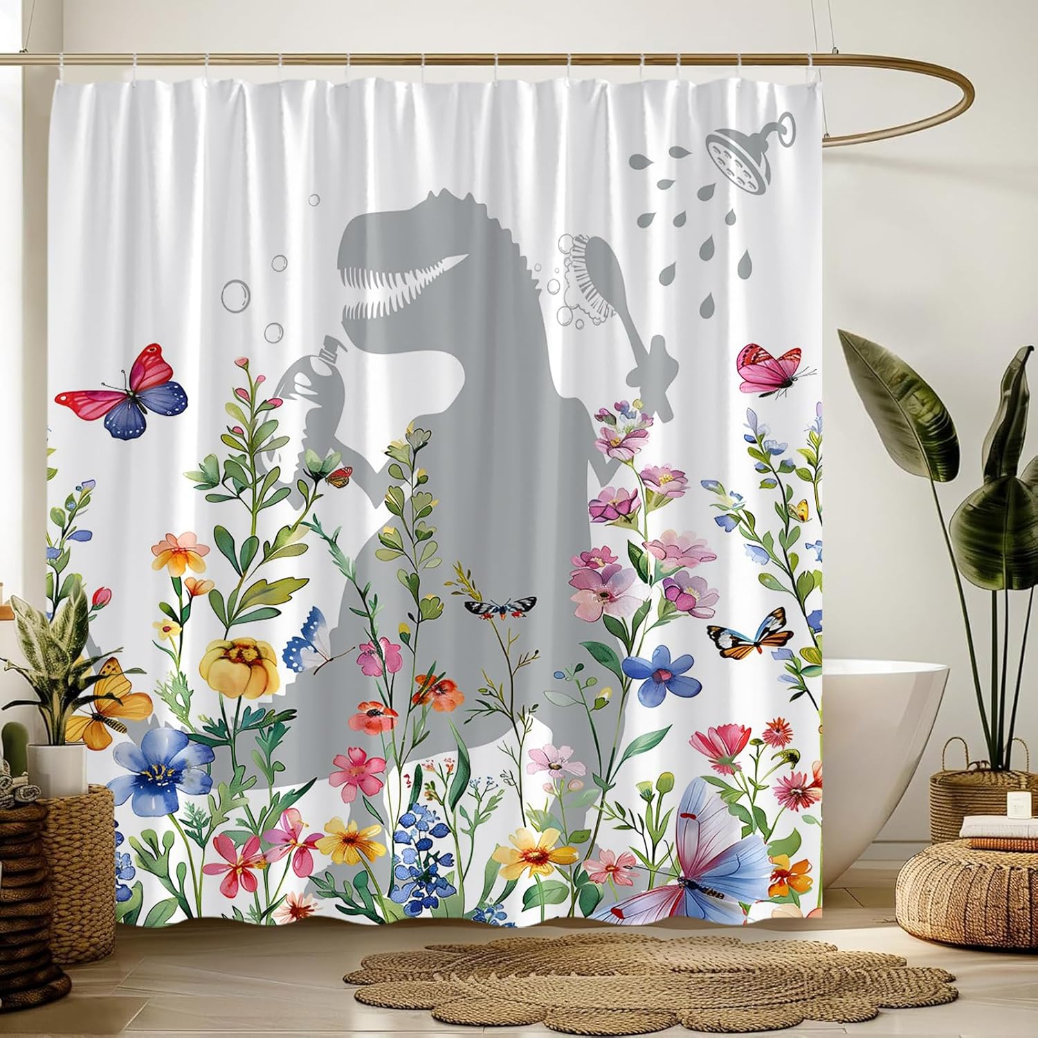 Floral Dinosaur Extra Long Shower Curtain Wildflower Funny Dino Rustic Boho Plant Leaf Gray Green Red Fabic with Hooks for Bathroom Decor,70x78 Inch