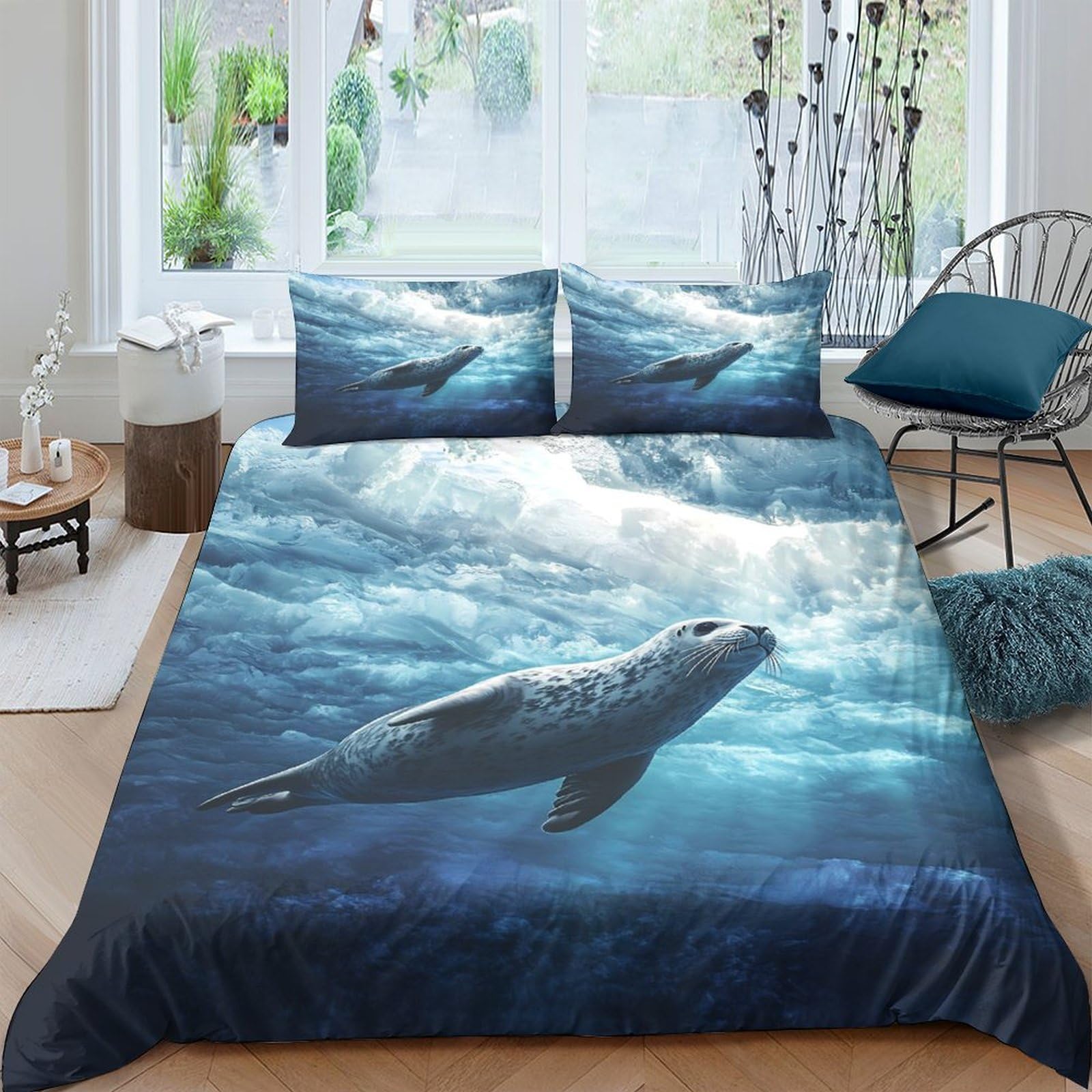 Ctjqhvkz Style-8 3D Printed Ocean Seal Fitted Sheet Microfiber Soft Anti-Slip Underwater Wave Mattress Cover For Bedroom Decor Single（135X200cm）