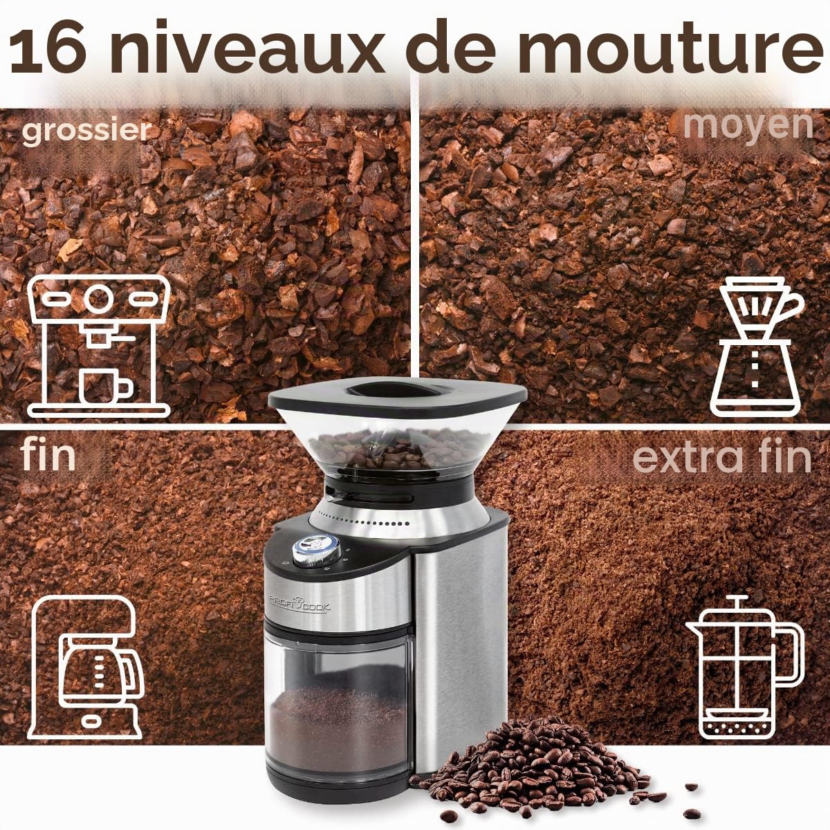 Moulin à café ProfiCook® | électrique | 200 watts | 16 réglages de mouture | broyeur conique en acier inoxydable | Coffee Grinder | jusqu'à 230 g de grains de café | PC-EKM 1205