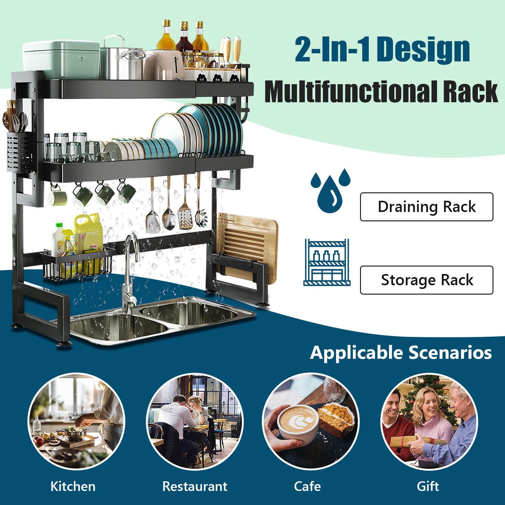 Escurridor para platos sobre el fregadero, 3 niveles de gran capacidad ajustable (62 cm - 92 cm / 24.4in), estante extensible sobre el fregadero con soporte para utensilios
